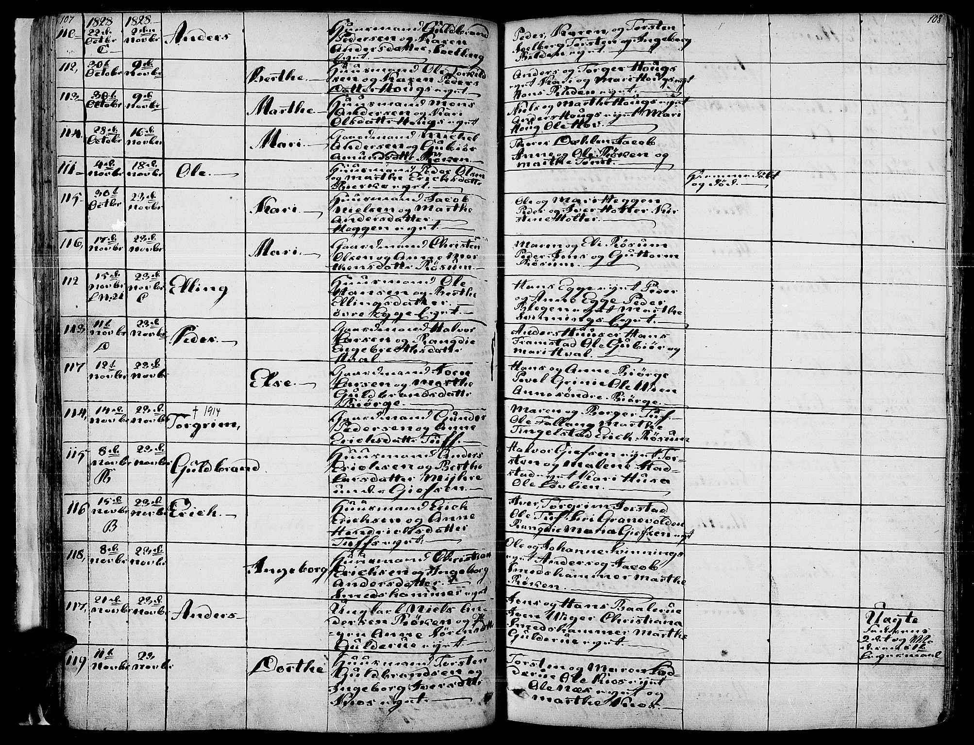 Gran prestekontor, SAH/PREST-112/H/Ha/Haa/L0010: Parish register (official) no. 10, 1824-1842, p. 107-108