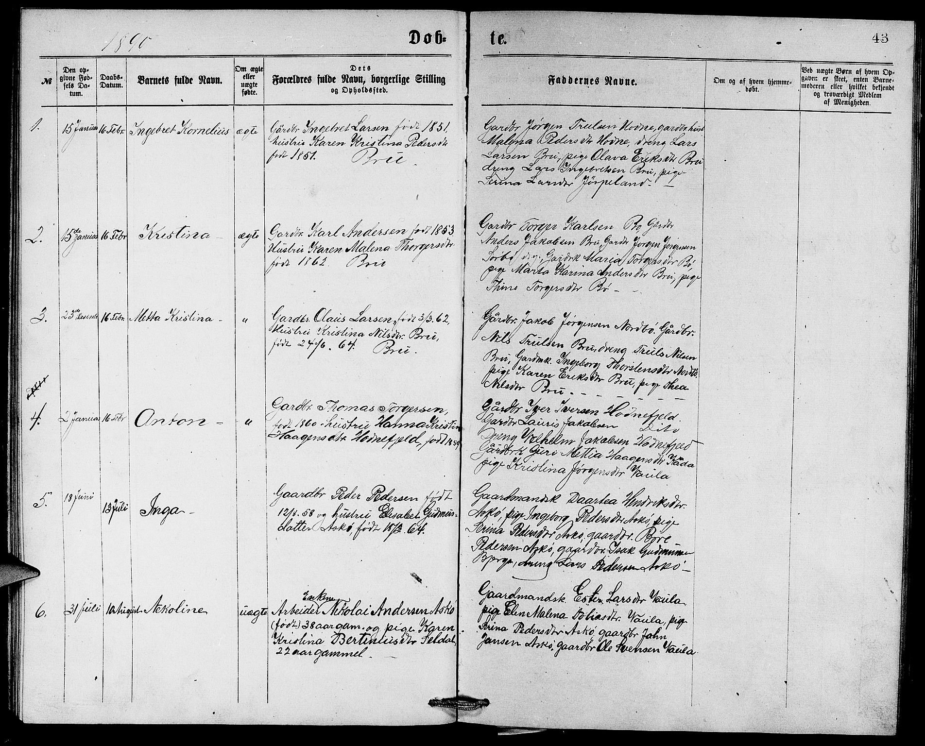 Rennesøy sokneprestkontor, SAST/A -101827/H/Ha/Hab/L0005: Parish register (copy) no. B 5, 1871-1890, p. 43