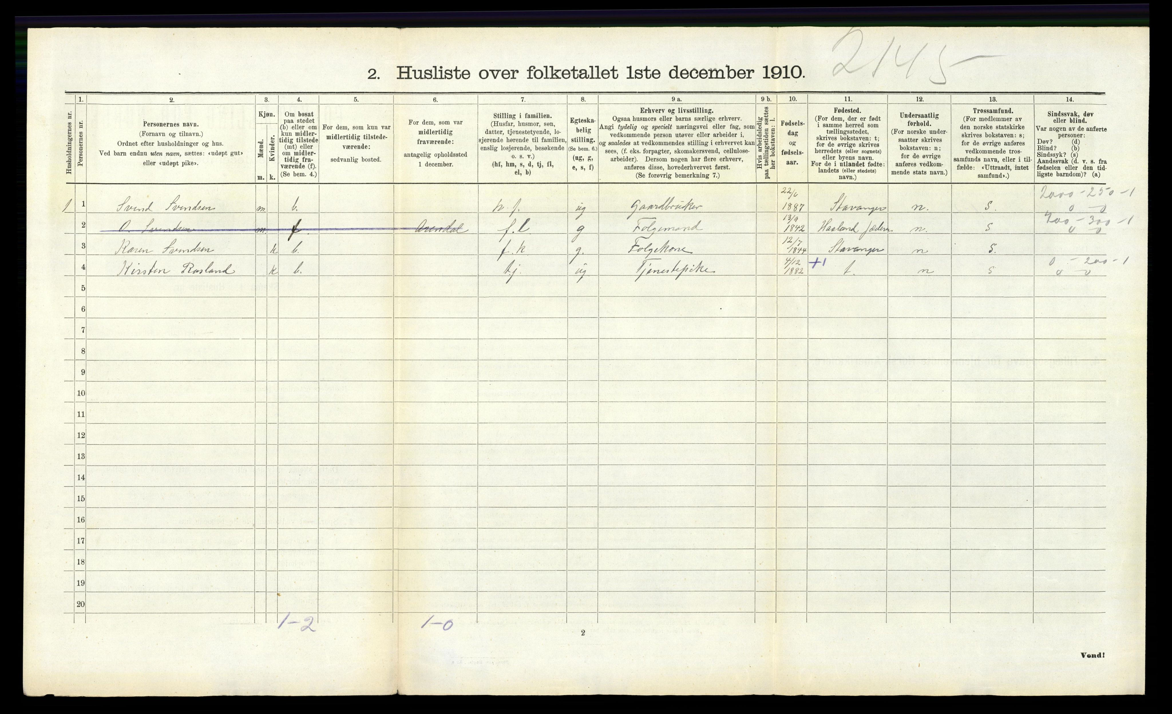 RA, 1910 census for Klepp, 1910, p. 756