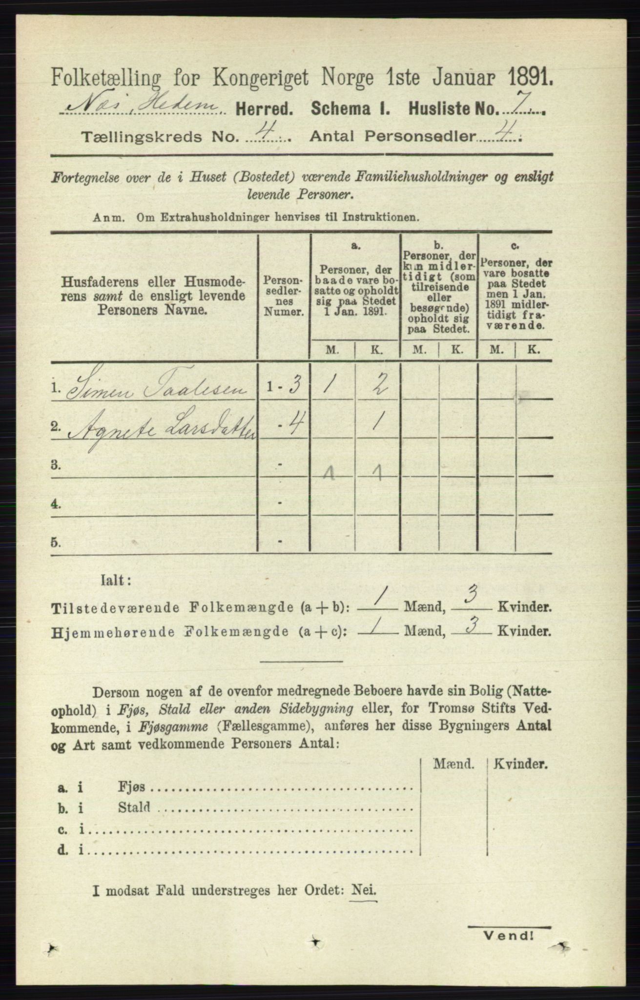 RA, 1891 census for 0411 Nes, 1891, p. 1959