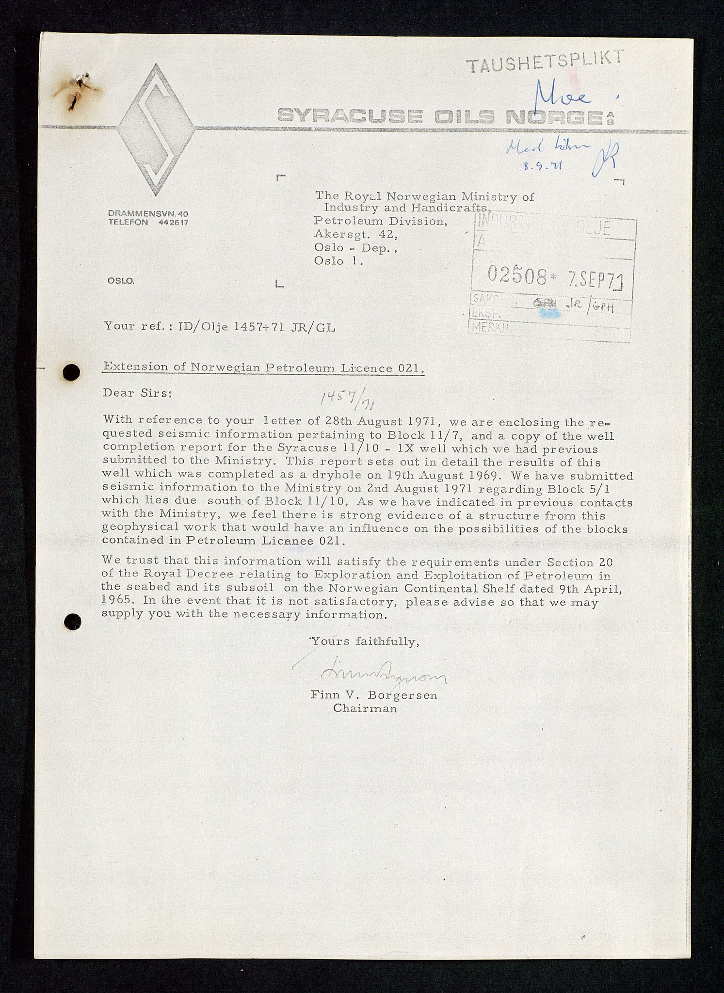 Industridepartementet, Oljekontoret, AV/SAST-A-101348/Da/L0004: Arkivnøkkel 711 - 712 Utvinningstillatelser, 1970-1971, p. 235