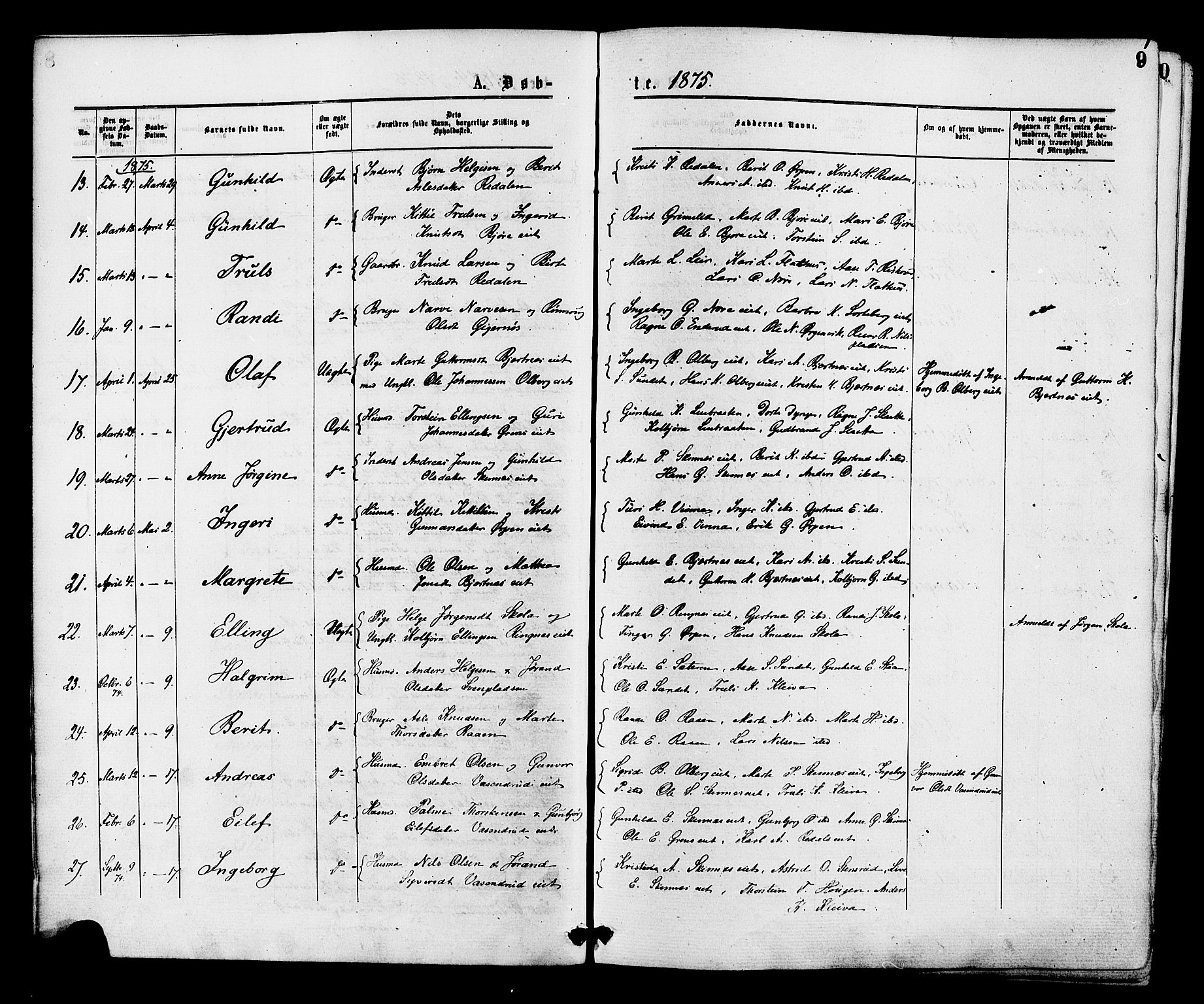 Krødsherad kirkebøker, AV/SAKO-A-19/F/Fa/L0004: Parish register (official) no. 4, 1873-1878, p. 9