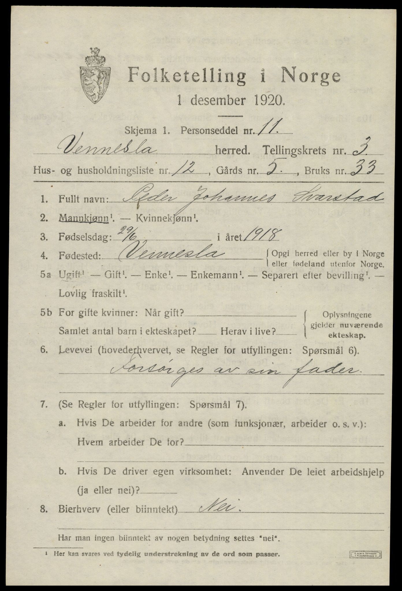 SAK, 1920 census for Vennesla, 1920, p. 2368