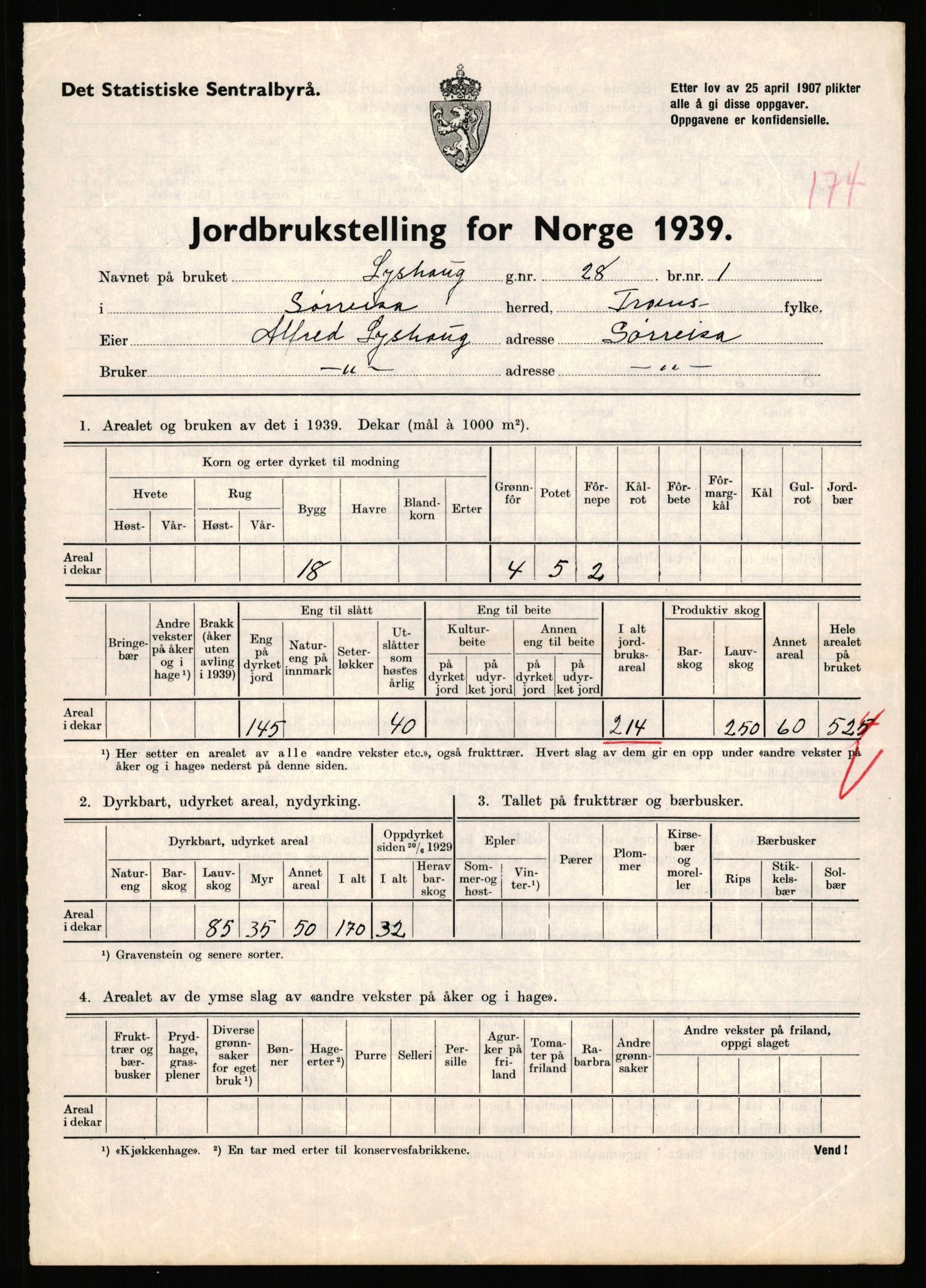 Statistisk sentralbyrå, Næringsøkonomiske emner, Jordbruk, skogbruk, jakt, fiske og fangst, AV/RA-S-2234/G/Gb/L0341: Troms: Sørreisa og Tranøy, 1939, p. 849