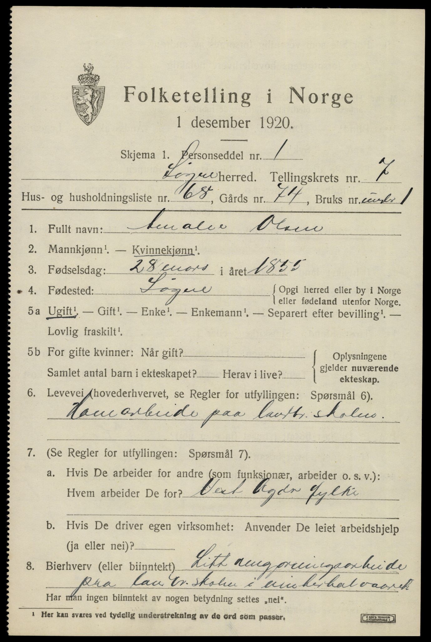 SAK, 1920 census for Søgne, 1920, p. 4029