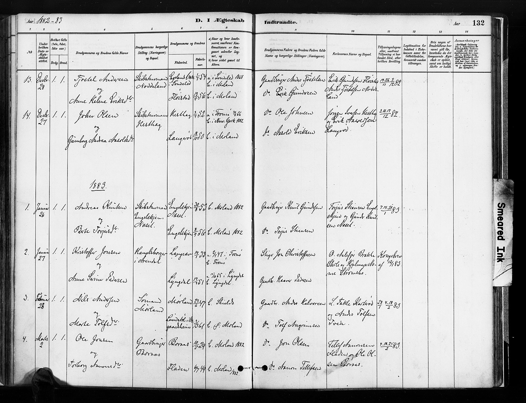 Austre Moland sokneprestkontor, SAK/1111-0001/F/Fa/Faa/L0010: Parish register (official) no. A 10, 1880-1904, p. 132