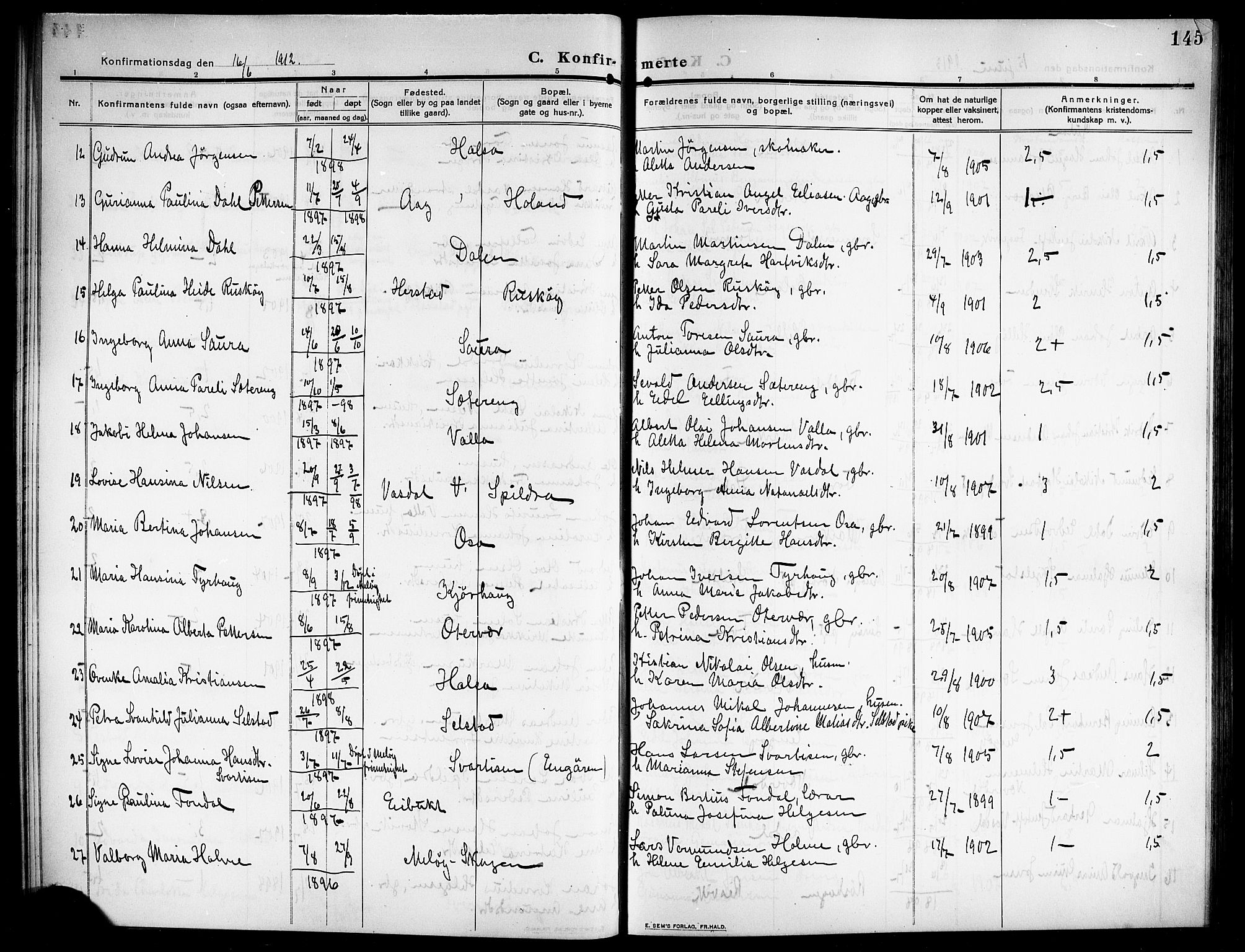 Ministerialprotokoller, klokkerbøker og fødselsregistre - Nordland, AV/SAT-A-1459/843/L0639: Parish register (copy) no. 843C08, 1908-1924, p. 145