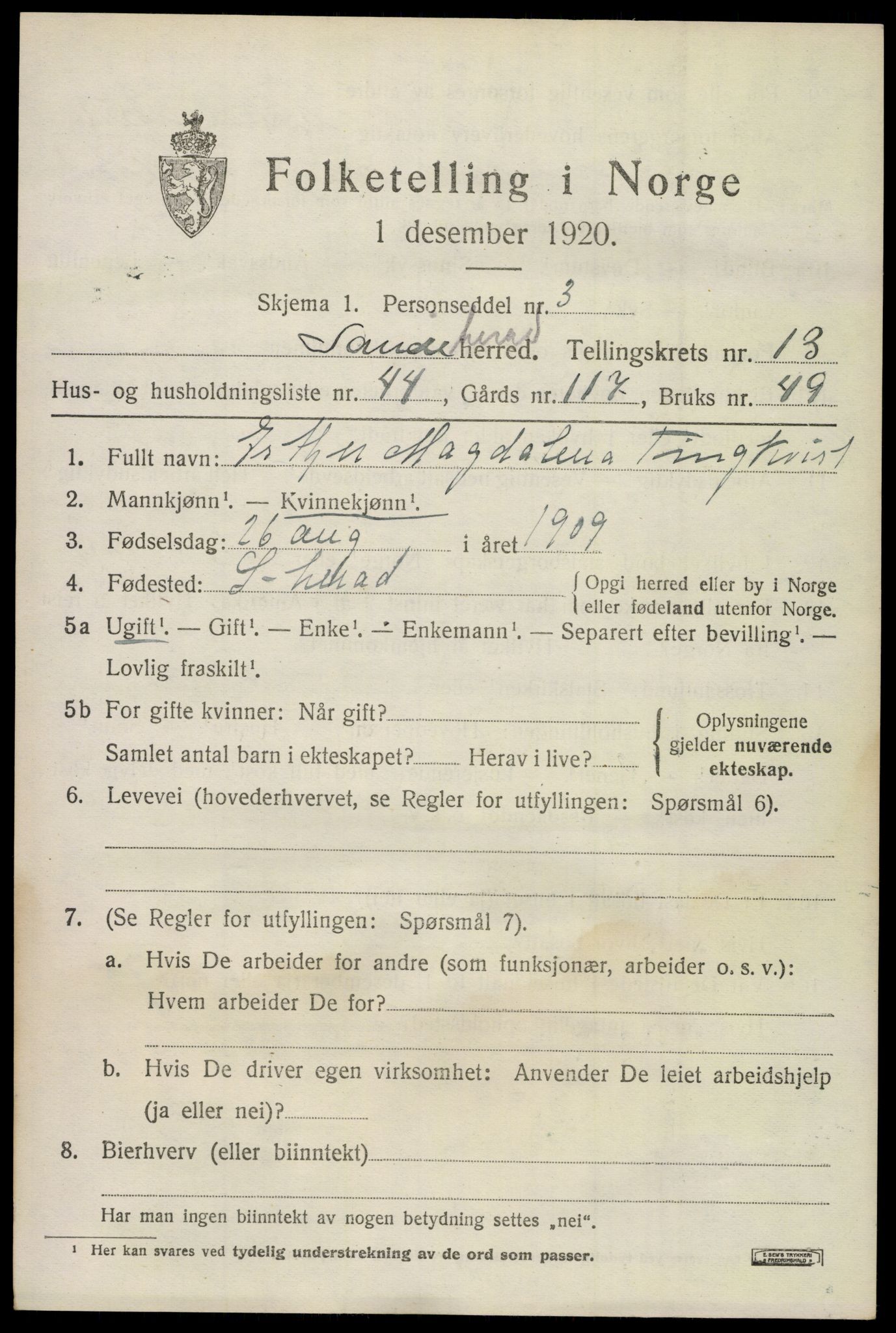 SAKO, 1920 census for Sandeherred, 1920, p. 19838