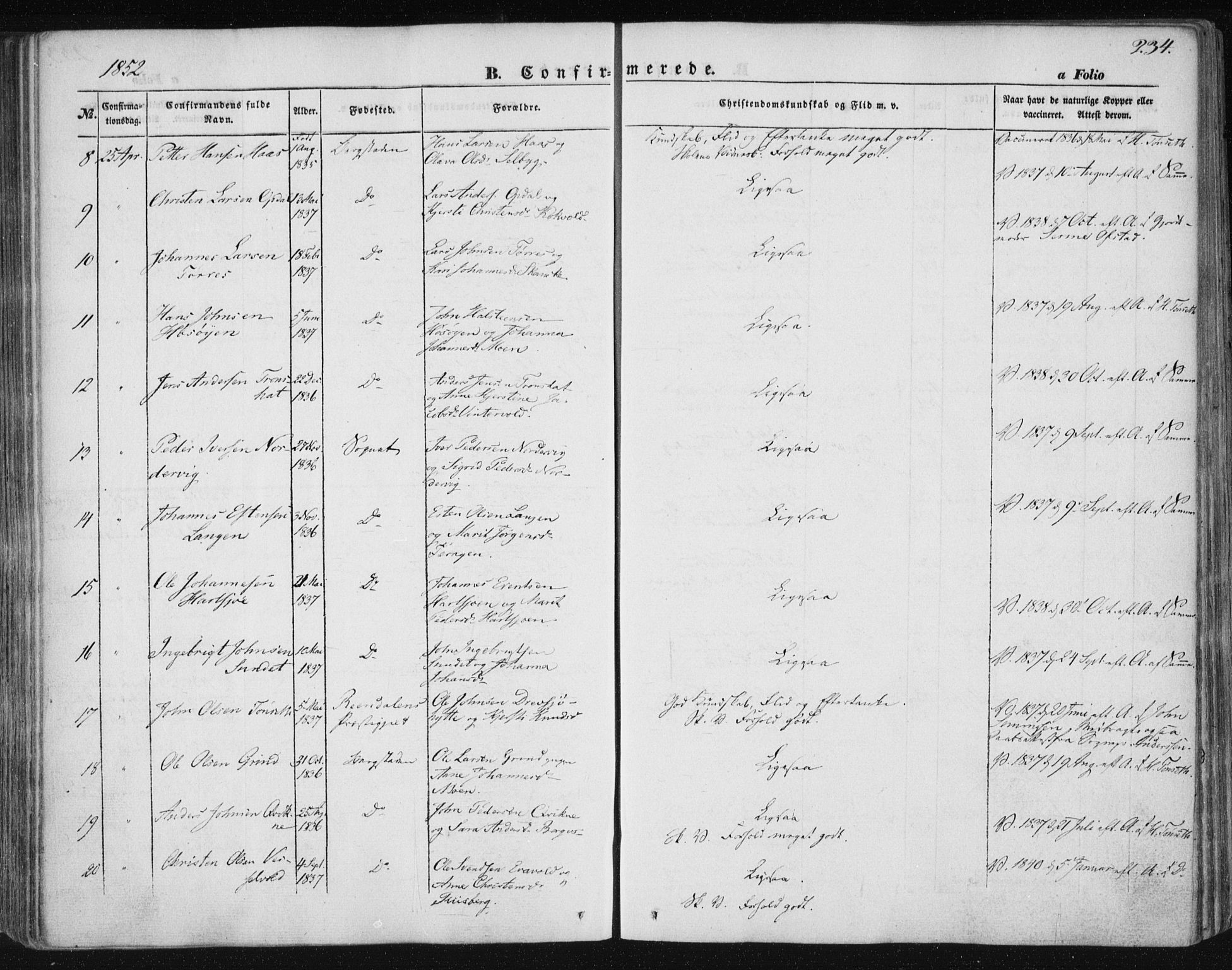 Ministerialprotokoller, klokkerbøker og fødselsregistre - Sør-Trøndelag, AV/SAT-A-1456/681/L0931: Parish register (official) no. 681A09, 1845-1859, p. 234