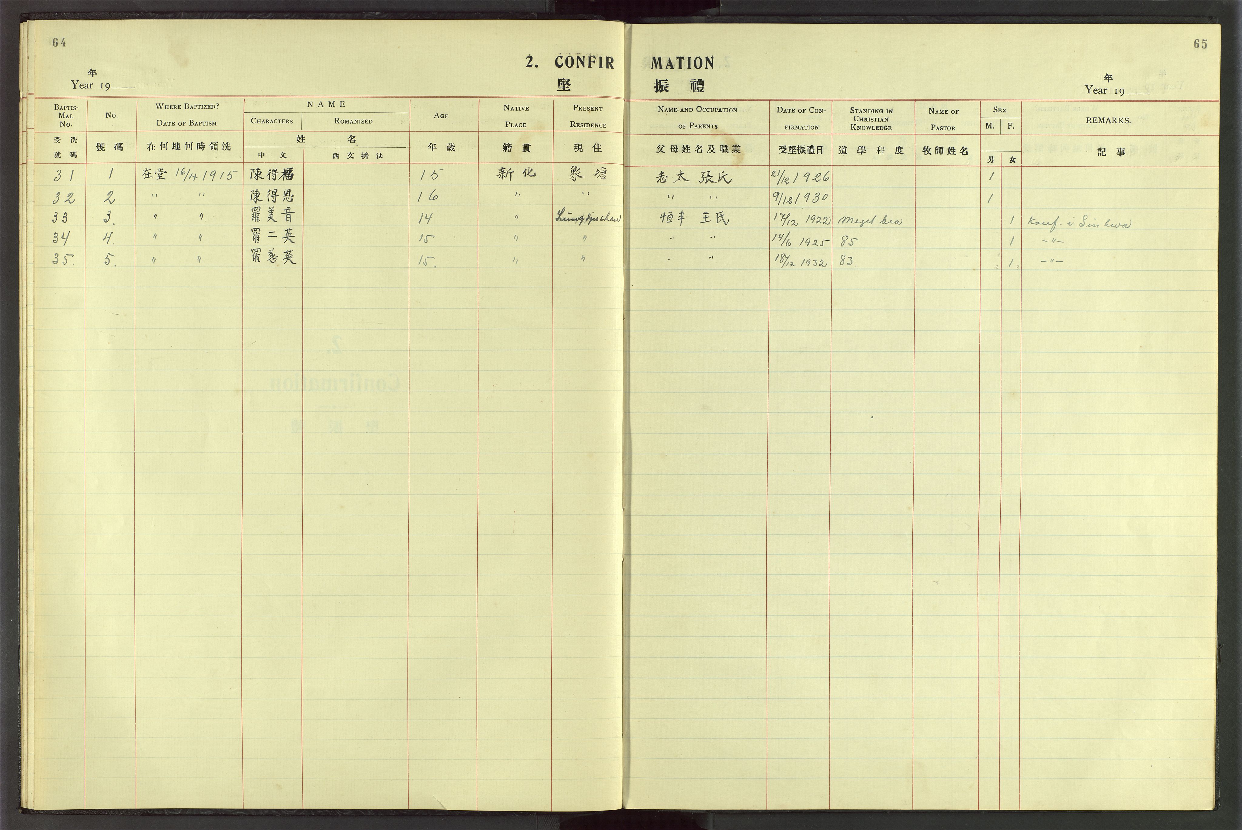 Det Norske Misjonsselskap - utland - Kina (Hunan), VID/MA-A-1065/Dm/L0050: Parish register (official) no. 88, 1913-1947, p. 64-65