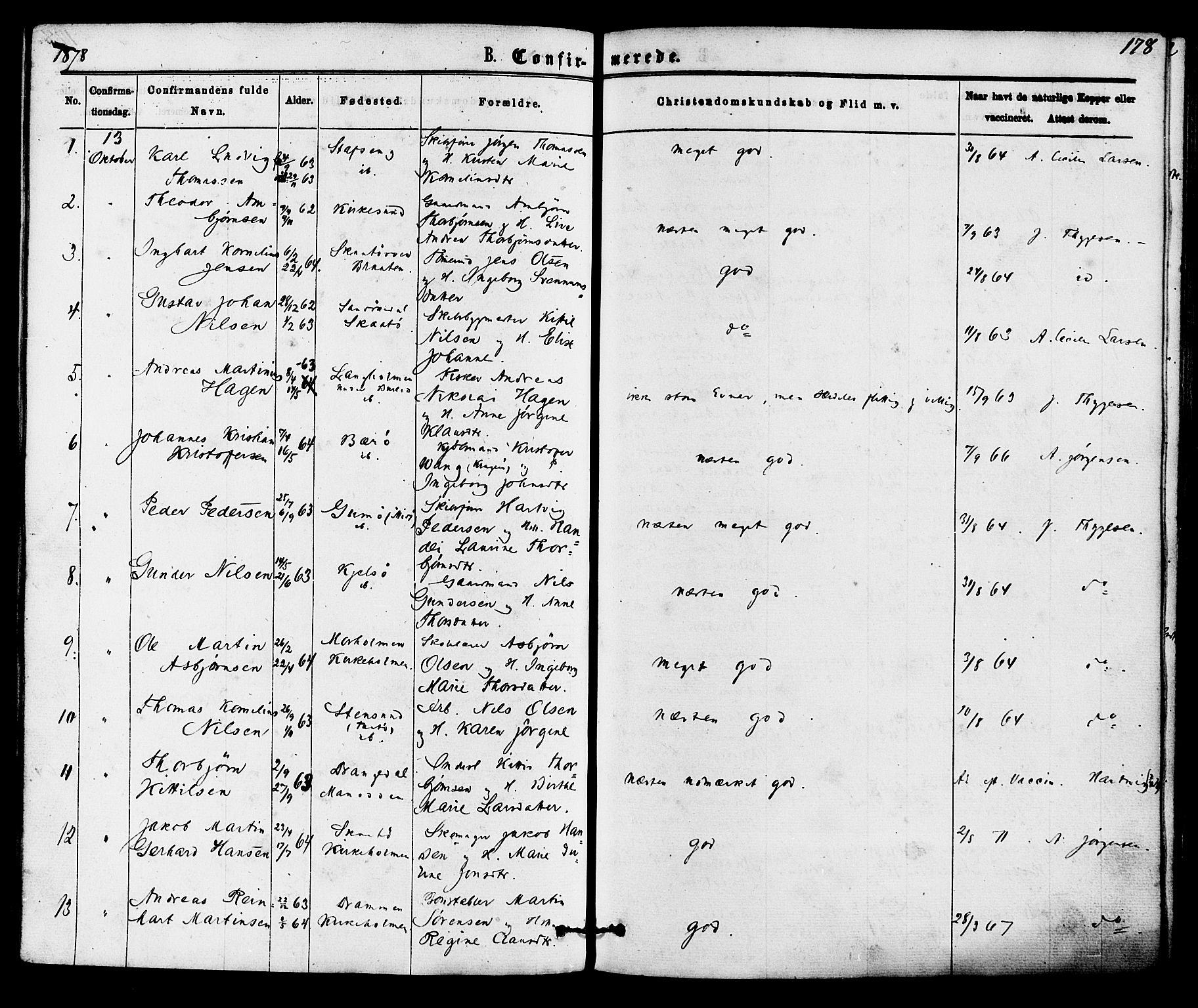 Skåtøy kirkebøker, SAKO/A-304/F/Fa/L0001: Parish register (official) no. I 1, 1874-1883, p. 178
