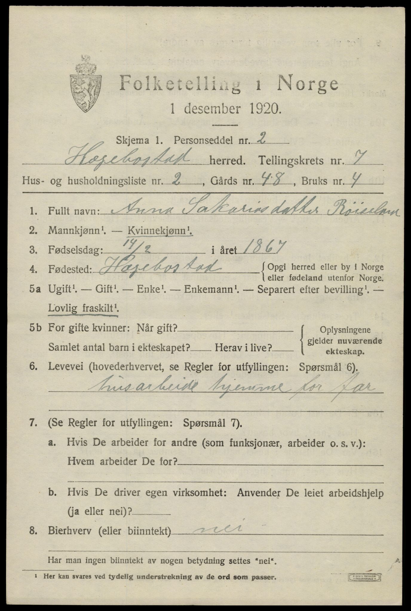 SAK, 1920 census for Hægebostad, 1920, p. 2123