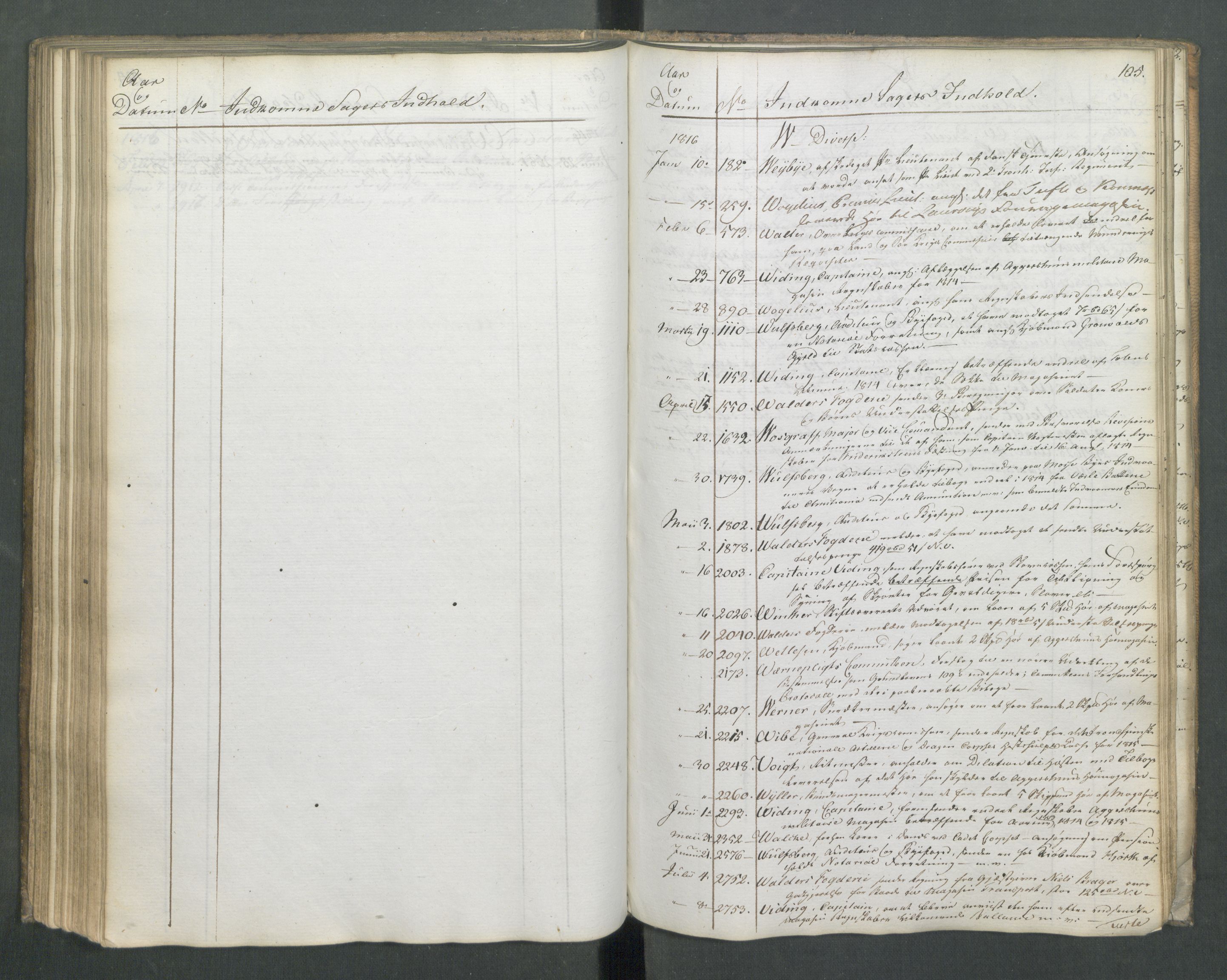 Armédepartementet, RA/RAFA-3493/C/Ca/L0010: 6. Departements Register Indg., 1816, p. 105
