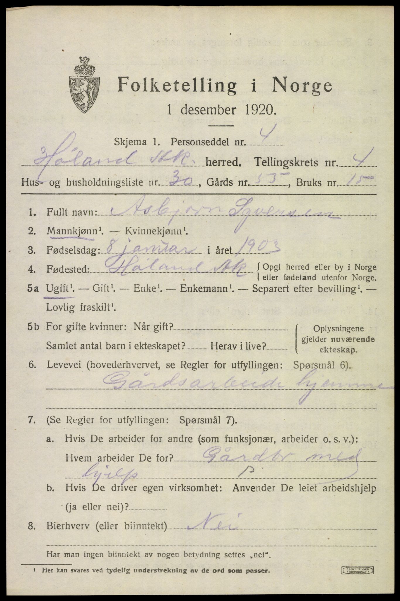 SAO, 1920 census for Høland, 1920, p. 6203