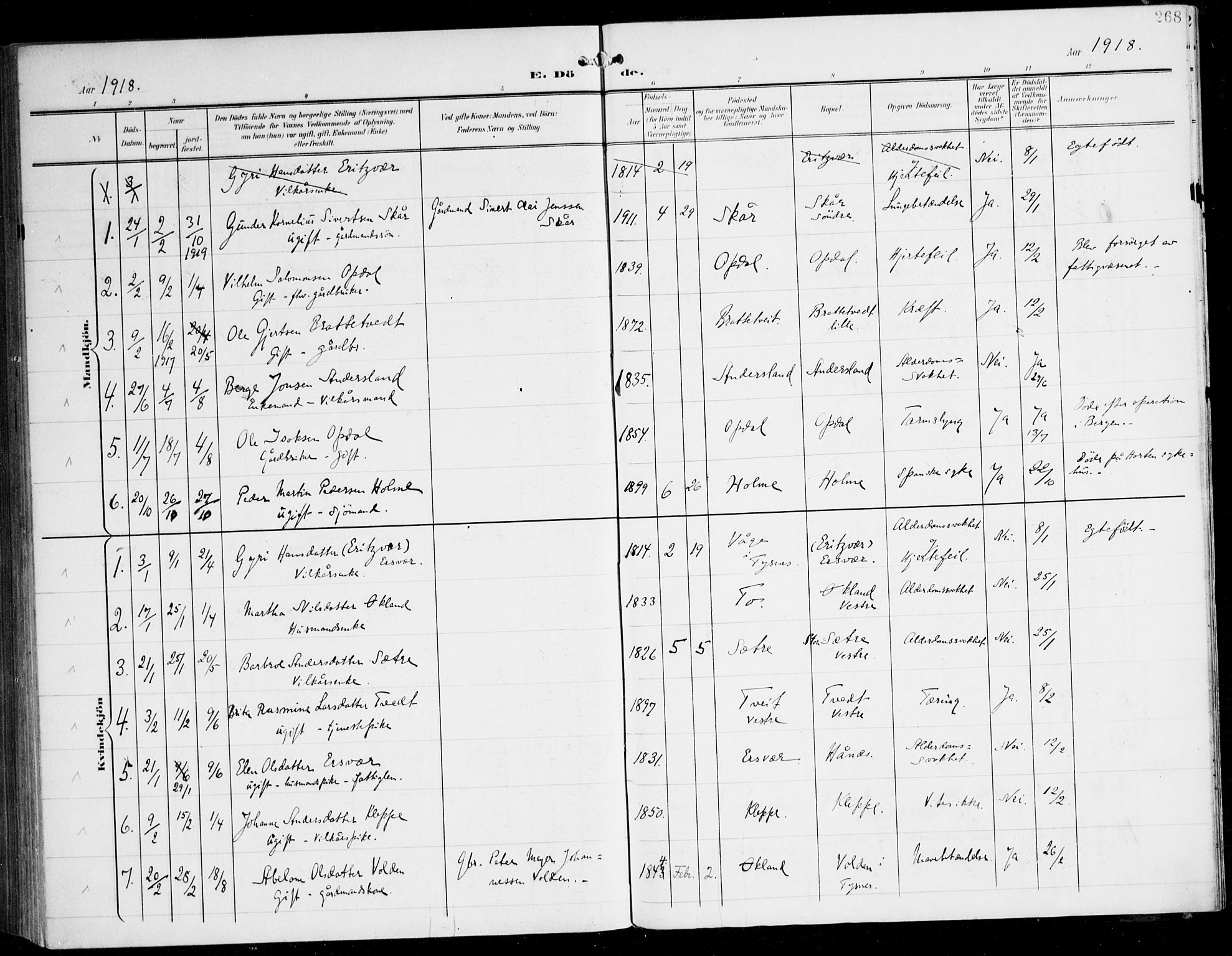 Tysnes sokneprestembete, AV/SAB-A-78601/H/Haa: Parish register (official) no. D 2, 1905-1922, p. 268