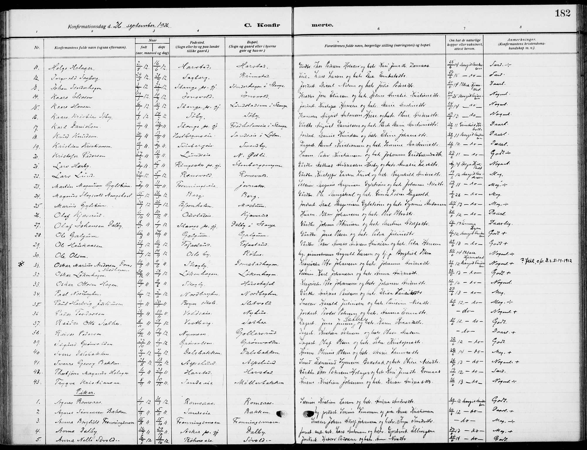 Romedal prestekontor, AV/SAH-PREST-004/K/L0012: Parish register (official) no. 12, 1913-1935, p. 182