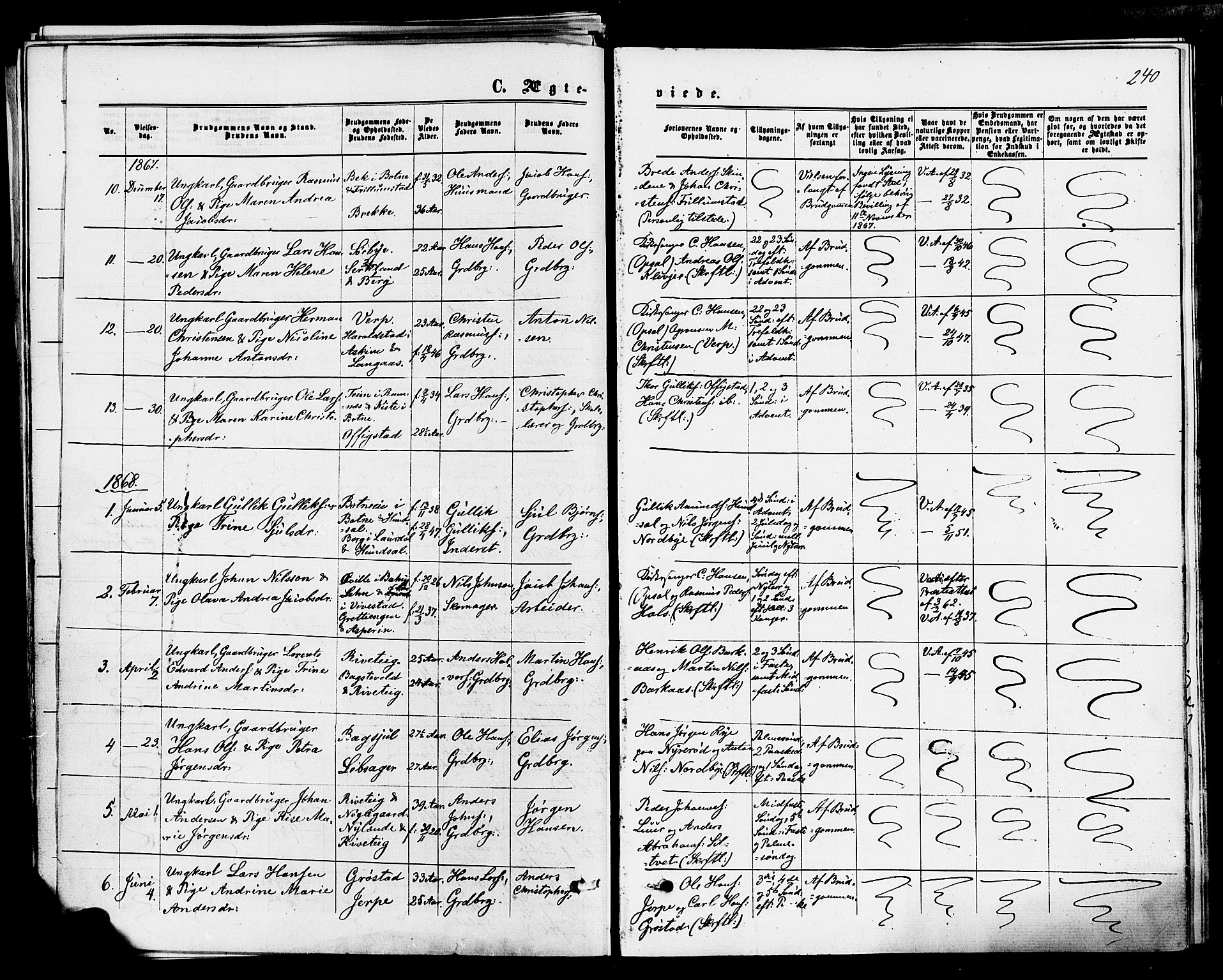 Våle kirkebøker, SAKO/A-334/F/Fa/L0010: Parish register (official) no. I 10, 1861-1877, p. 240