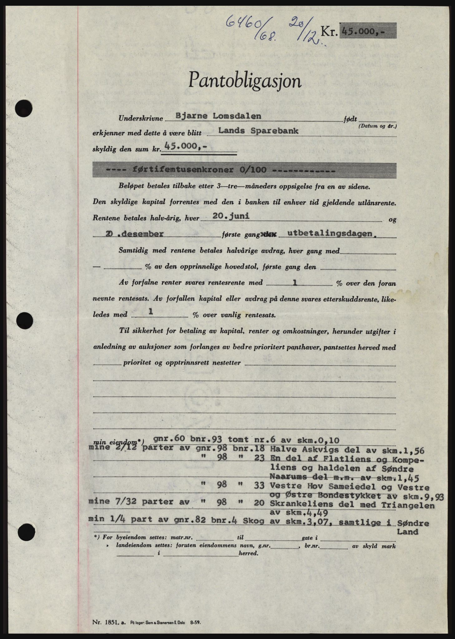 Hadeland og Land tingrett, AV/SAH-TING-010/H/Hb/Hbc/L0071: Mortgage book no. B71, 1968-1968, Diary no: : 6460/1968