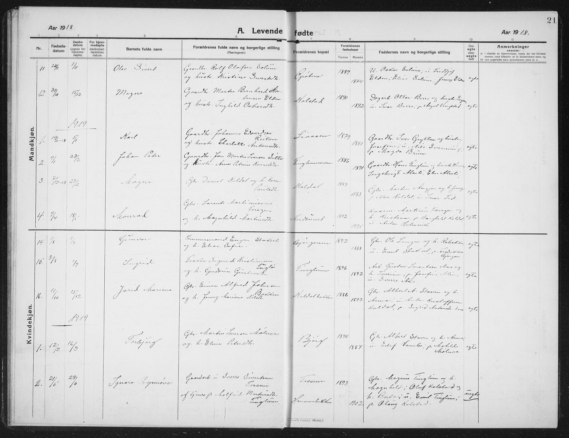 Ministerialprotokoller, klokkerbøker og fødselsregistre - Nord-Trøndelag, SAT/A-1458/742/L0413: Parish register (copy) no. 742C04, 1911-1938, p. 21