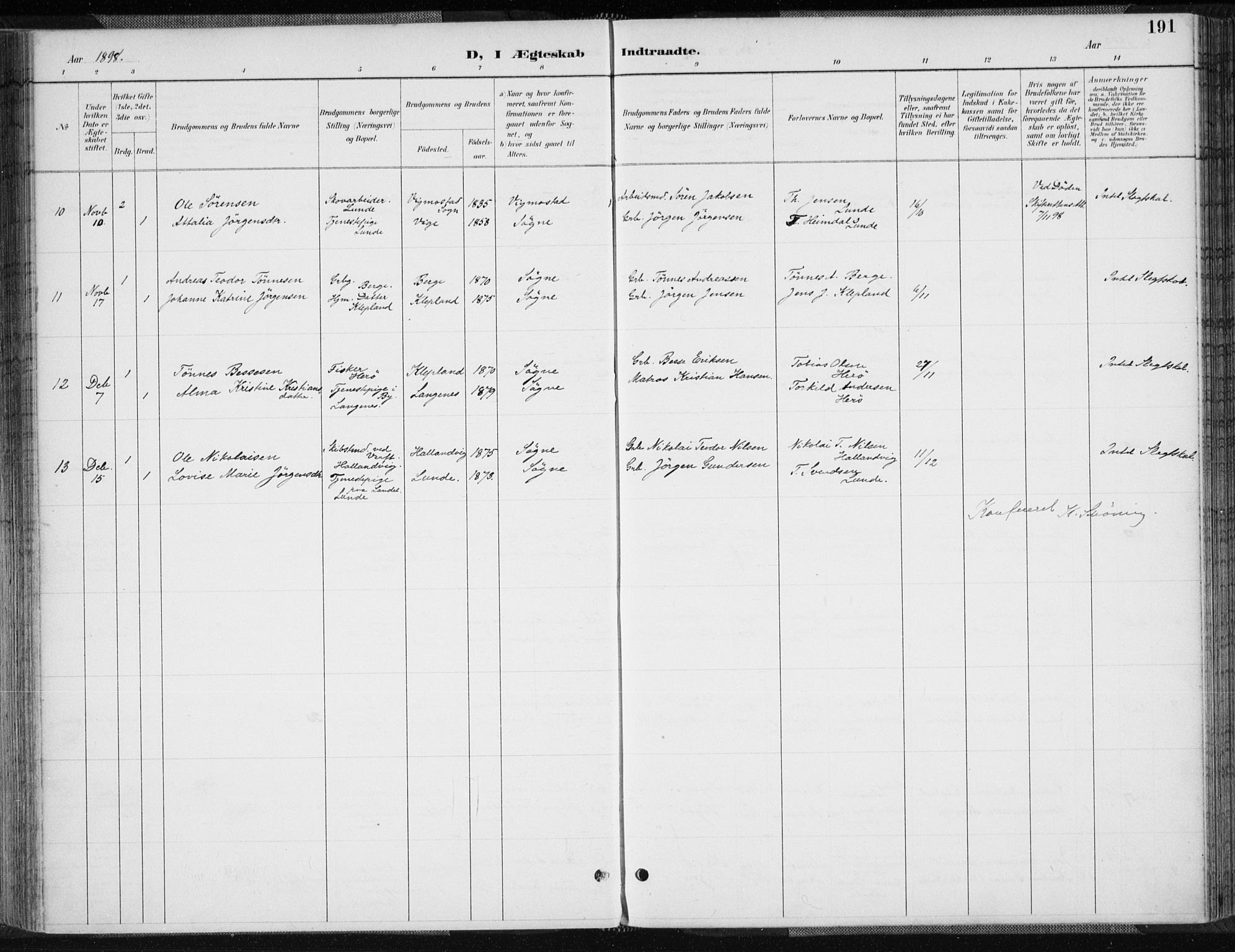 Søgne sokneprestkontor, SAK/1111-0037/F/Fa/Fab/L0013: Parish register (official) no. A 13, 1892-1911, p. 191