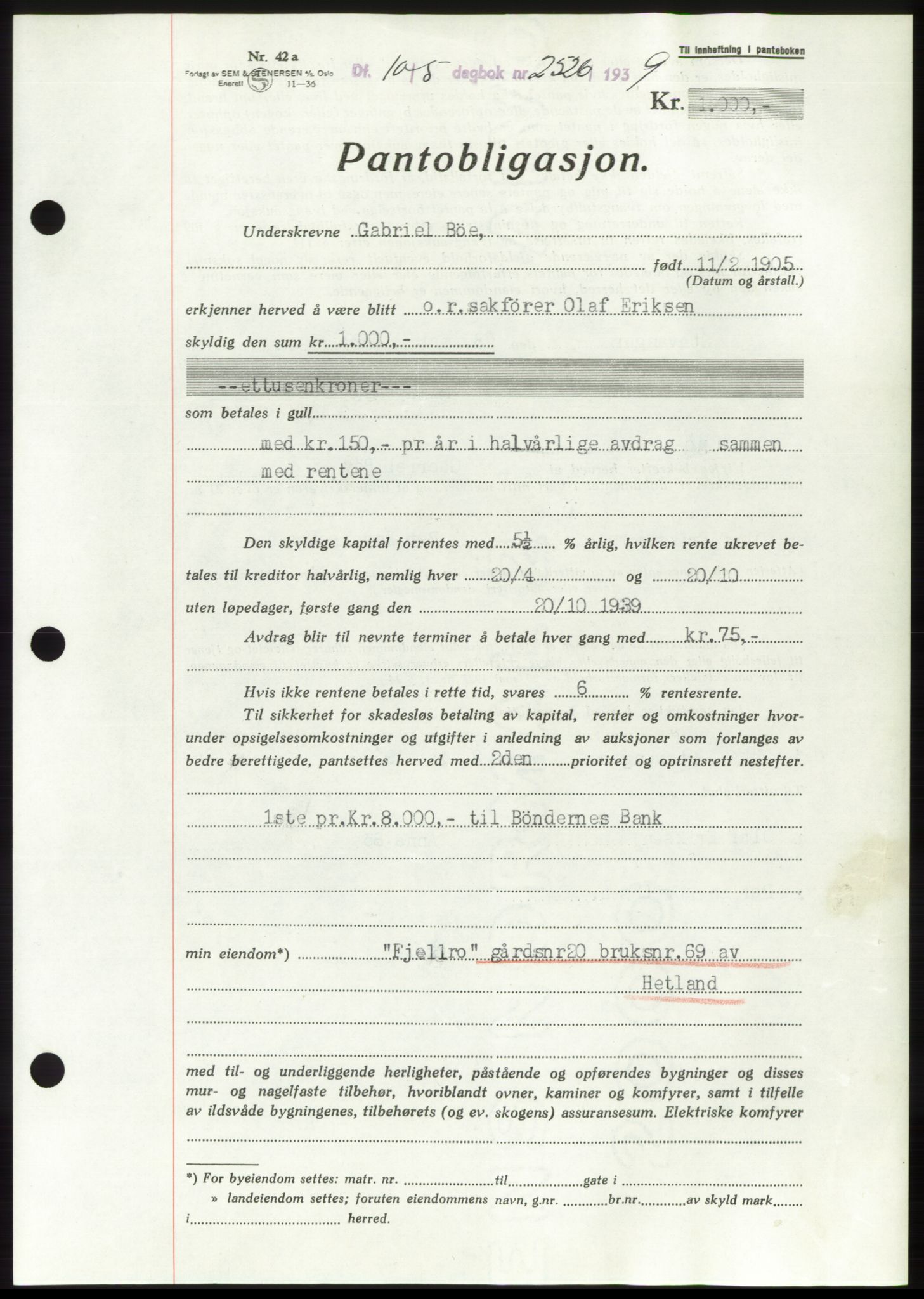 Jæren sorenskriveri, SAST/A-100310/03/G/Gba/L0074: Mortgage book, 1939-1939, Diary no: : 2526/1939