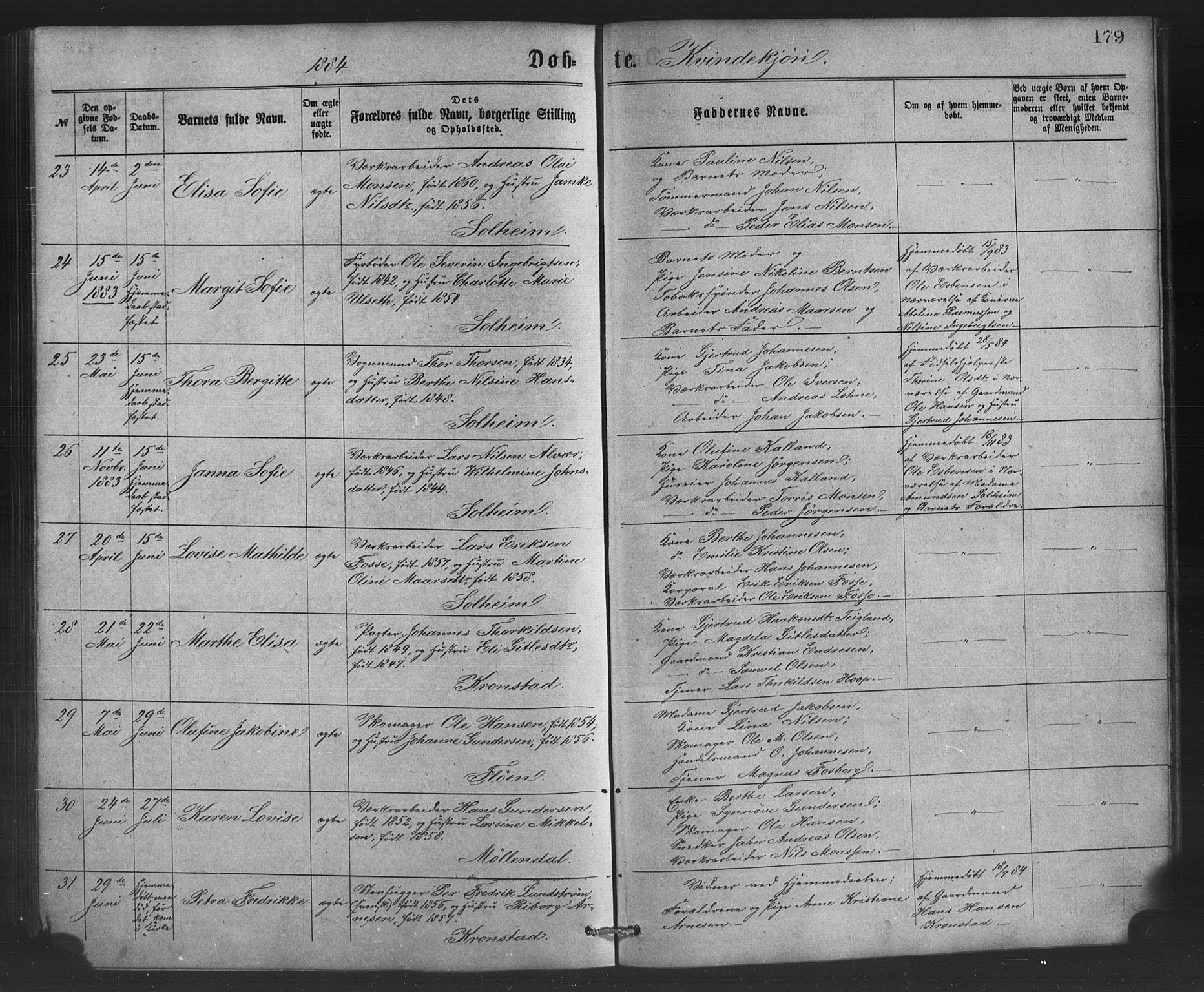 St. Jørgens hospital og Årstad sokneprestembete, AV/SAB-A-99934: Parish register (copy) no. A 4, 1873-1885, p. 179