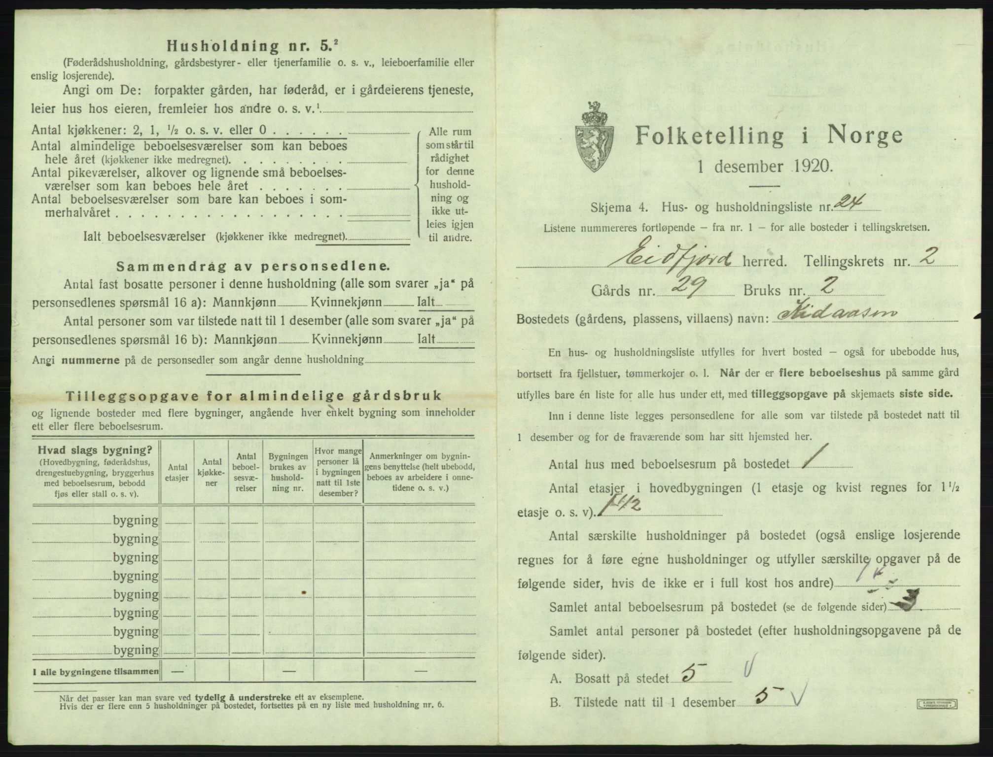 SAB, 1920 census for Eidfjord, 1920, p. 133