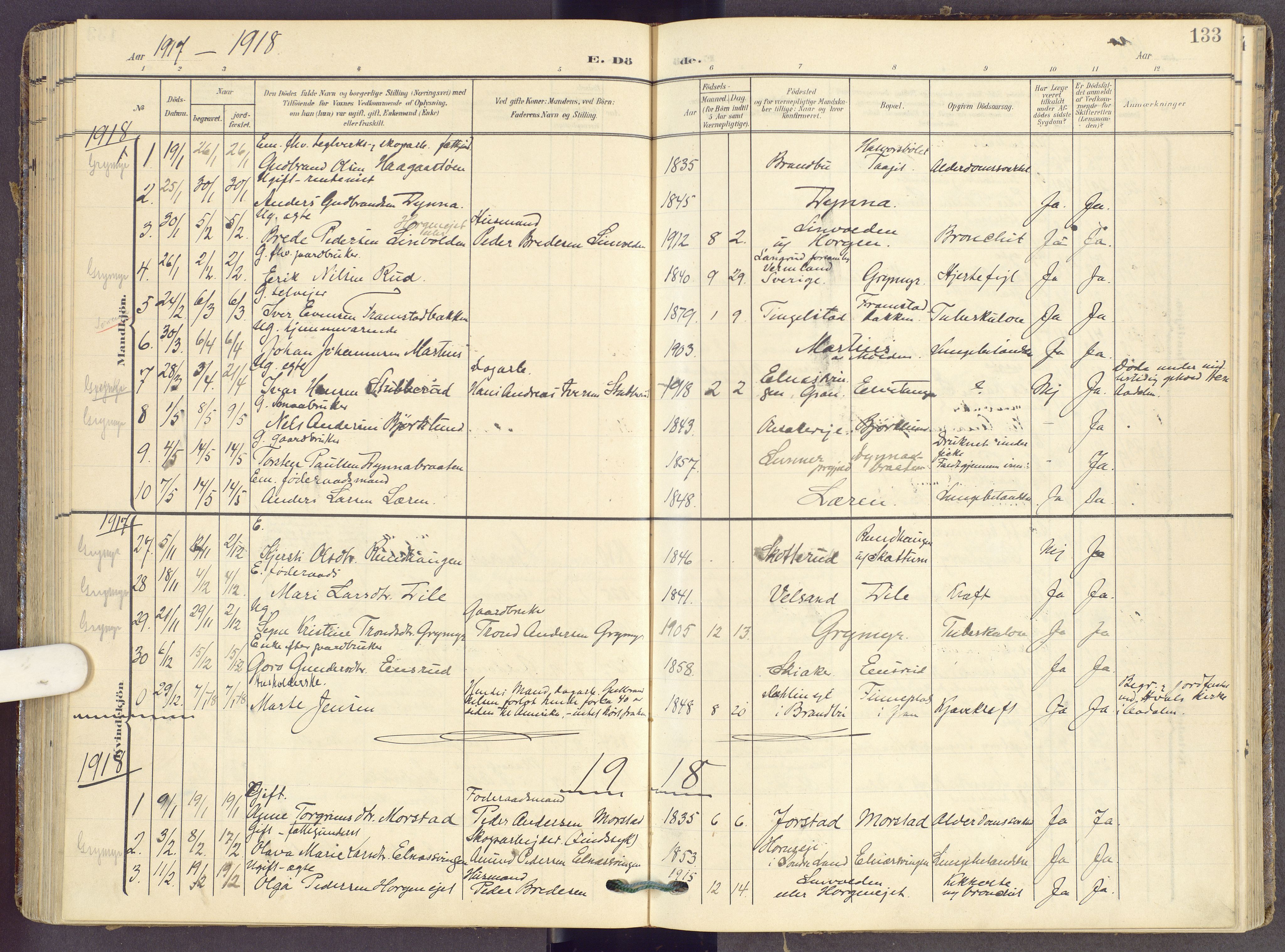 Gran prestekontor, AV/SAH-PREST-112/H/Ha/Haa/L0022: Parish register (official) no. 22, 1908-1918, p. 133