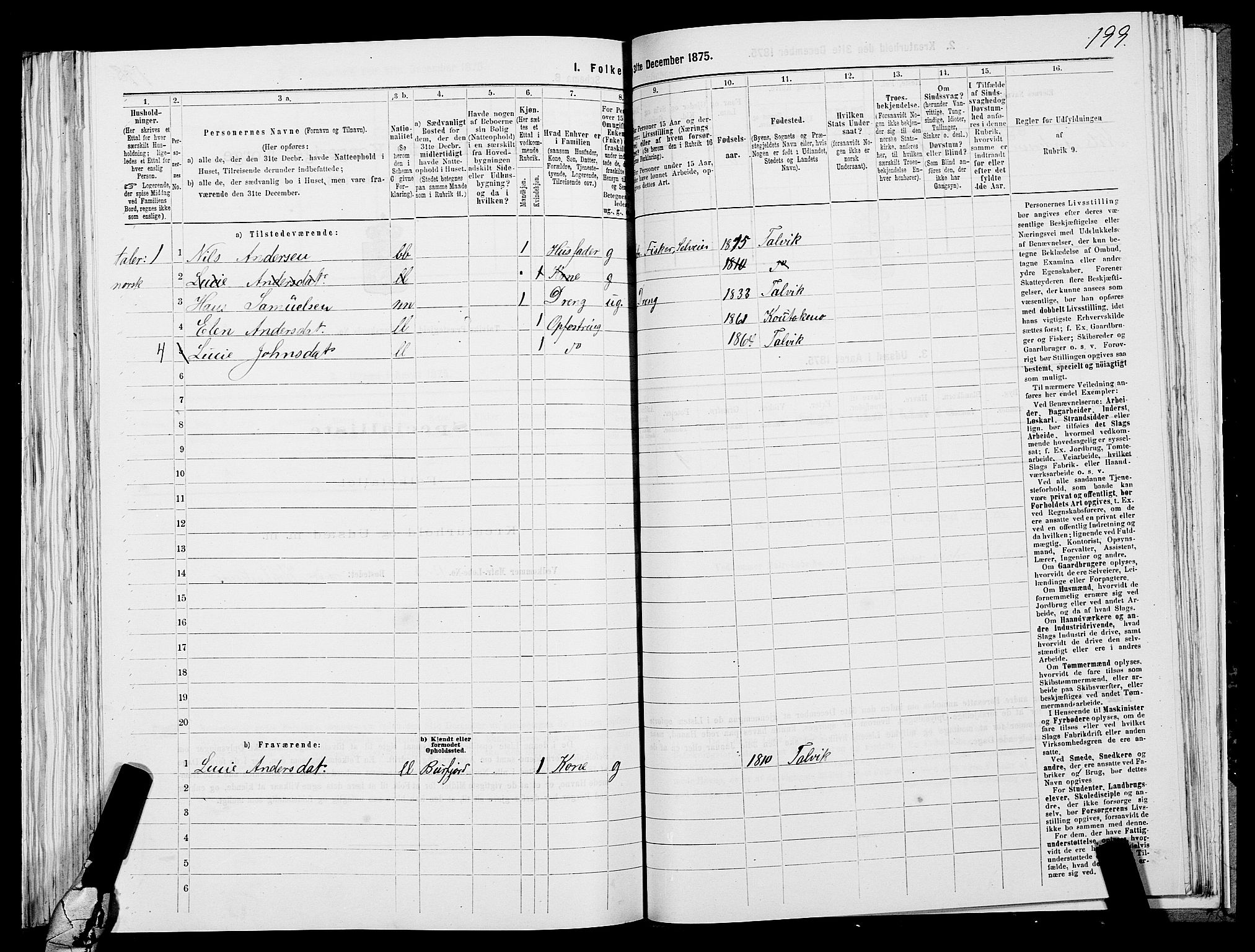 SATØ, 1875 census for 2013P Talvik, 1875, p. 1199