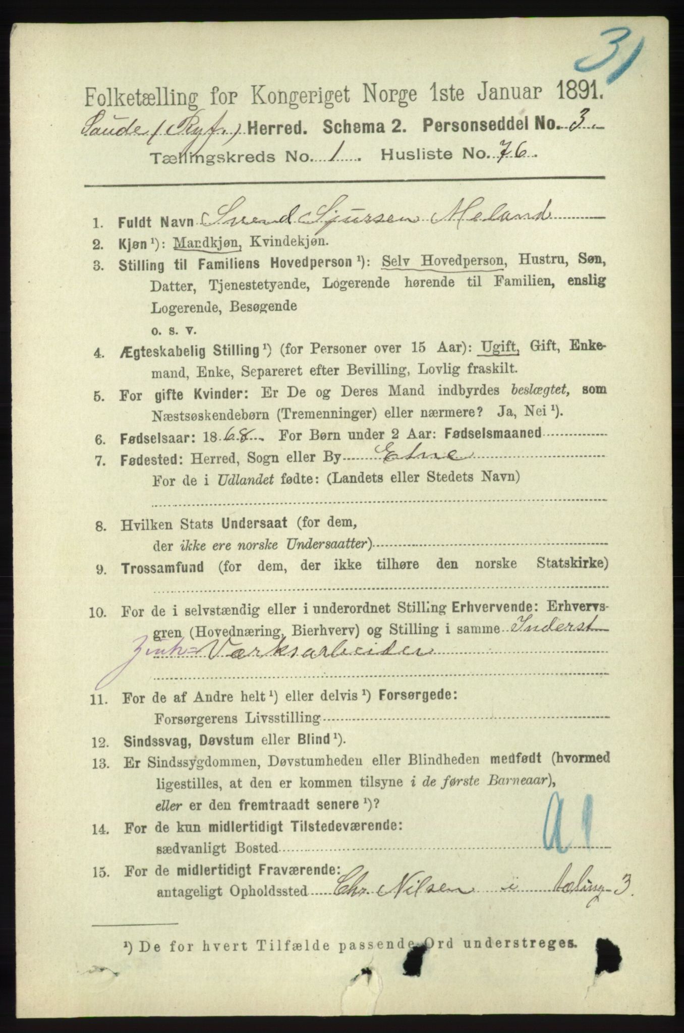 RA, 1891 census for 1135 Sauda, 1891, p. 521