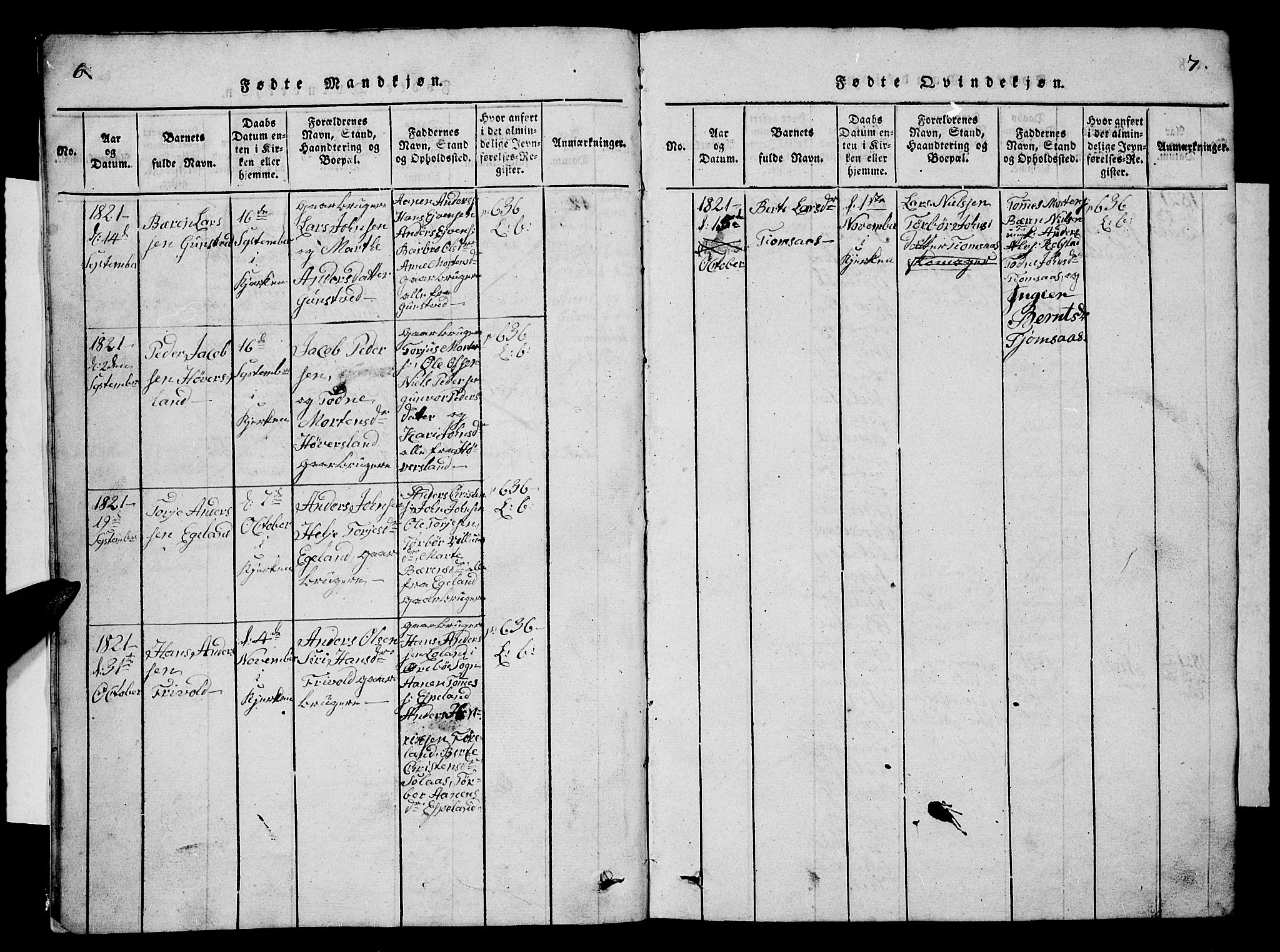 Vennesla sokneprestkontor, AV/SAK-1111-0045/Fb/Fba/L0001: Parish register (copy) no. B 1, 1820-1834, p. 6-7