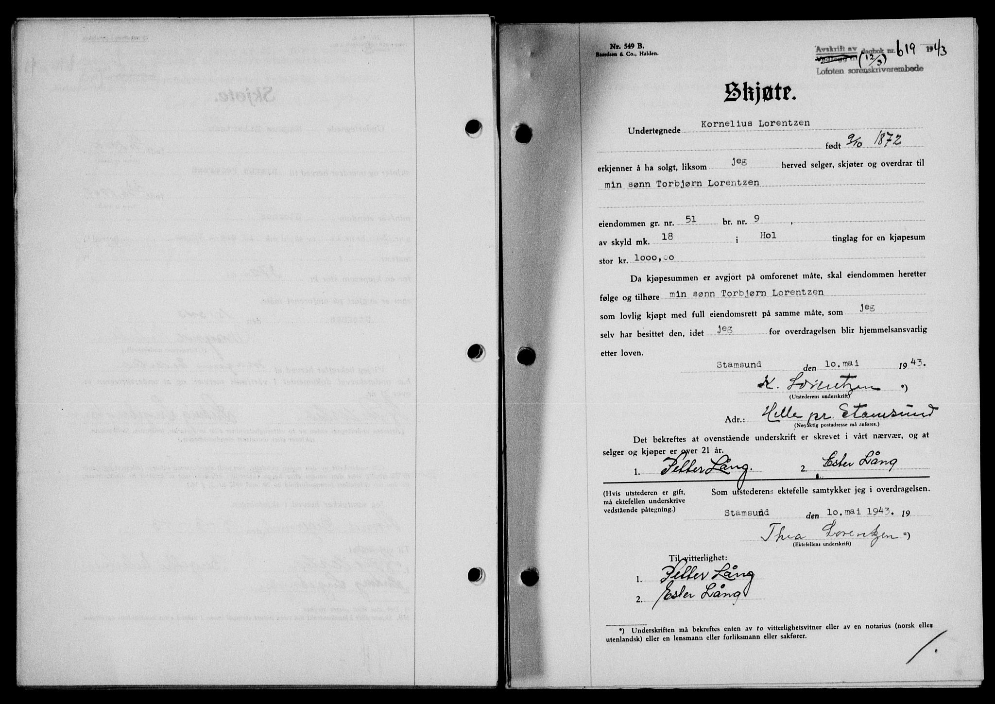 Lofoten sorenskriveri, SAT/A-0017/1/2/2C/L0011a: Mortgage book no. 11a, 1943-1943, Diary no: : 619/1943