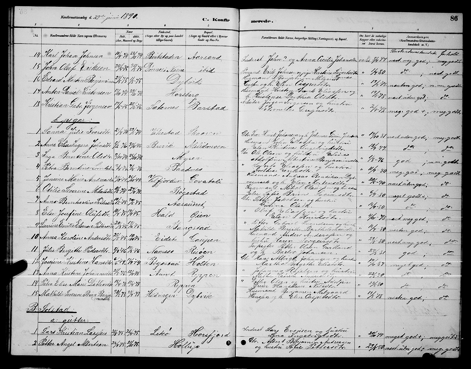 Ministerialprotokoller, klokkerbøker og fødselsregistre - Nordland, AV/SAT-A-1459/810/L0160: Parish register (copy) no. 810C03, 1884-1896, p. 86