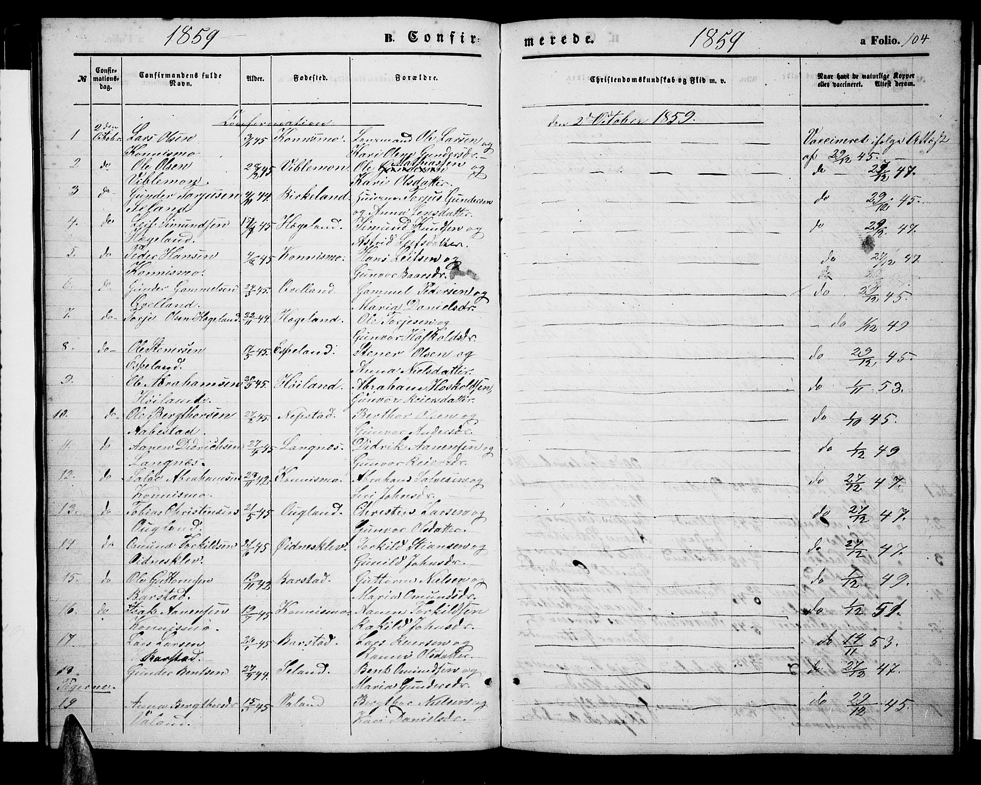 Nord-Audnedal sokneprestkontor, AV/SAK-1111-0032/F/Fb/Fba/L0002: Parish register (copy) no. B 2, 1856-1882, p. 104