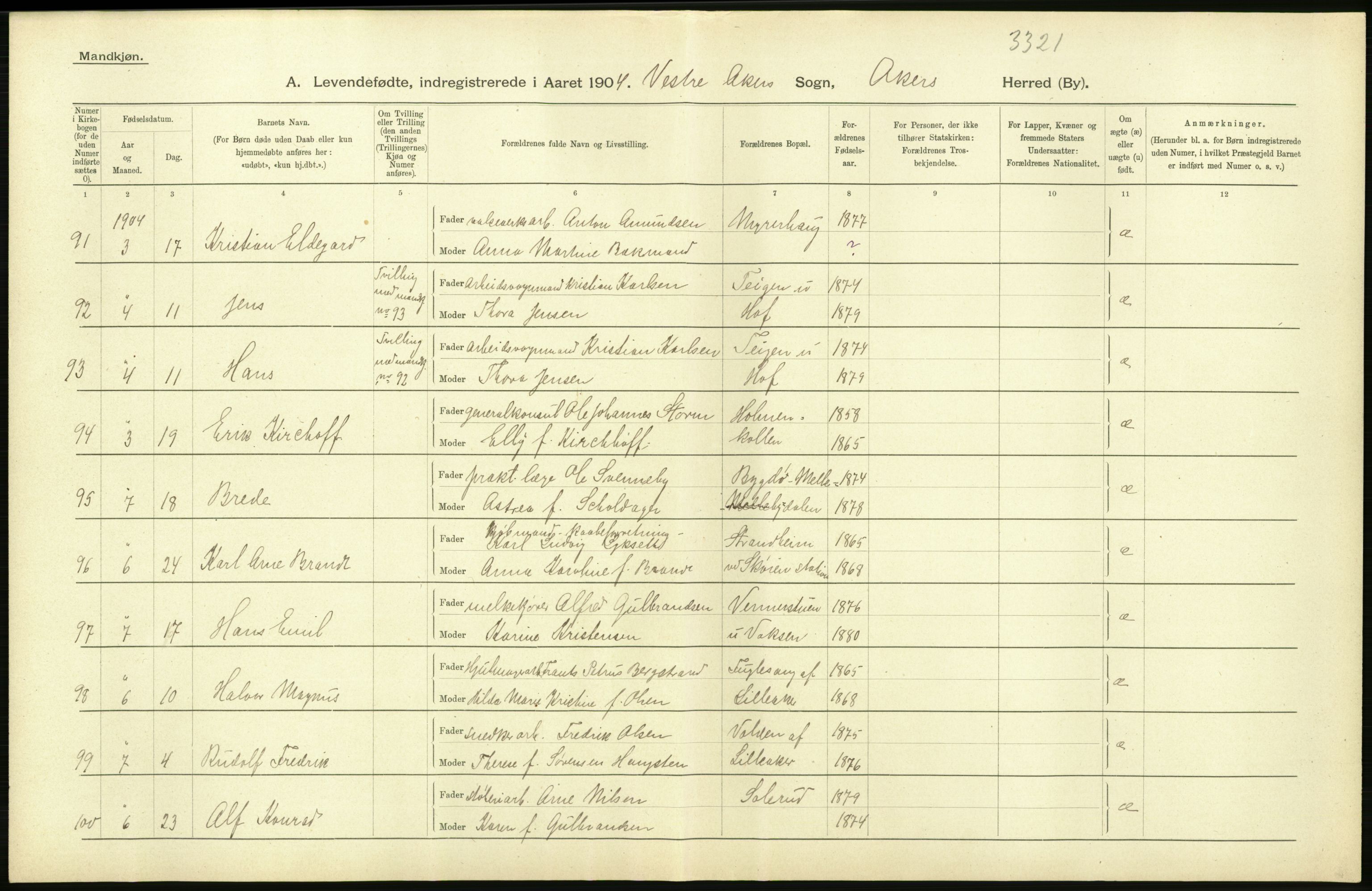 Statistisk sentralbyrå, Sosiodemografiske emner, Befolkning, AV/RA-S-2228/D/Df/Dfa/Dfab/L0002: Akershus amt: Fødte, gifte, døde, 1904, p. 410