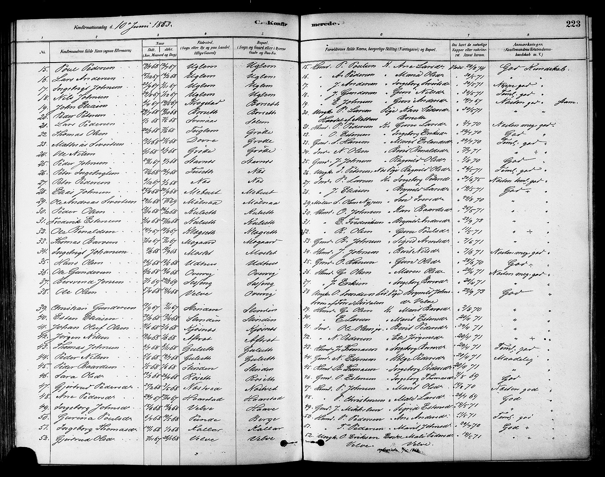 Ministerialprotokoller, klokkerbøker og fødselsregistre - Sør-Trøndelag, SAT/A-1456/695/L1148: Parish register (official) no. 695A08, 1878-1891, p. 223