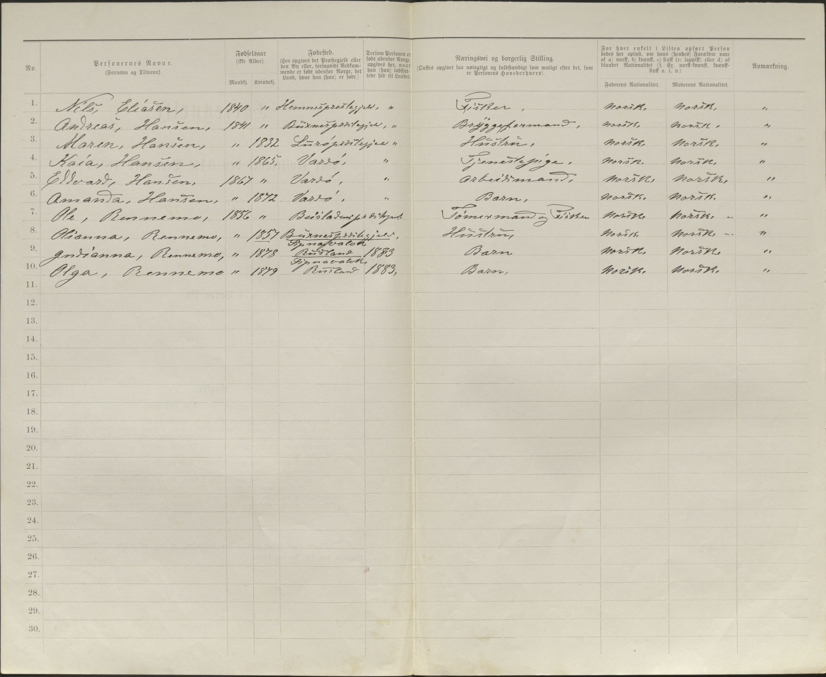 SATØ, 1885 census for 2002 Vardø, 1885, p. 104b