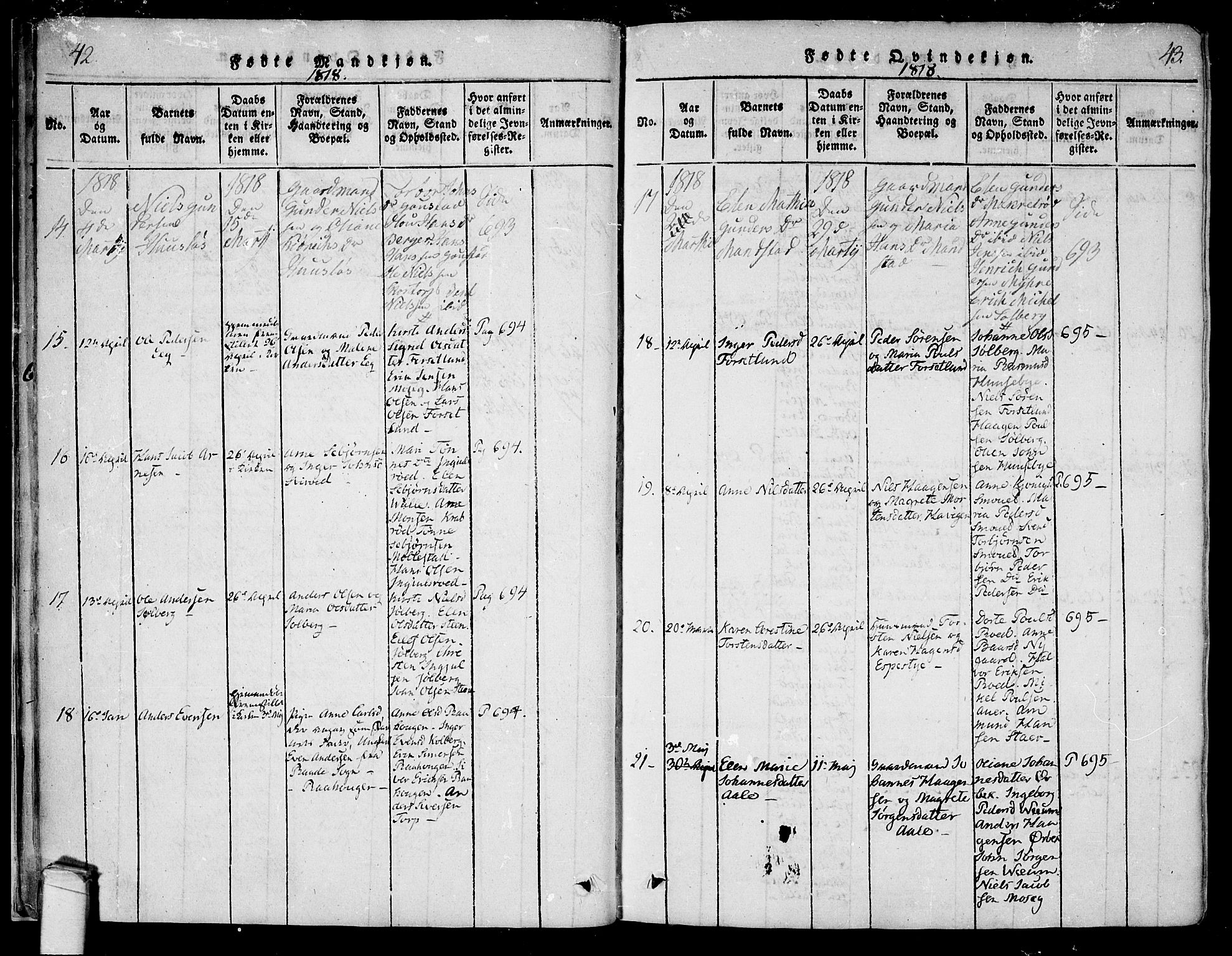 Onsøy prestekontor Kirkebøker, AV/SAO-A-10914/F/Fa/L0002: Parish register (official) no. I 2, 1814-1840, p. 42-43