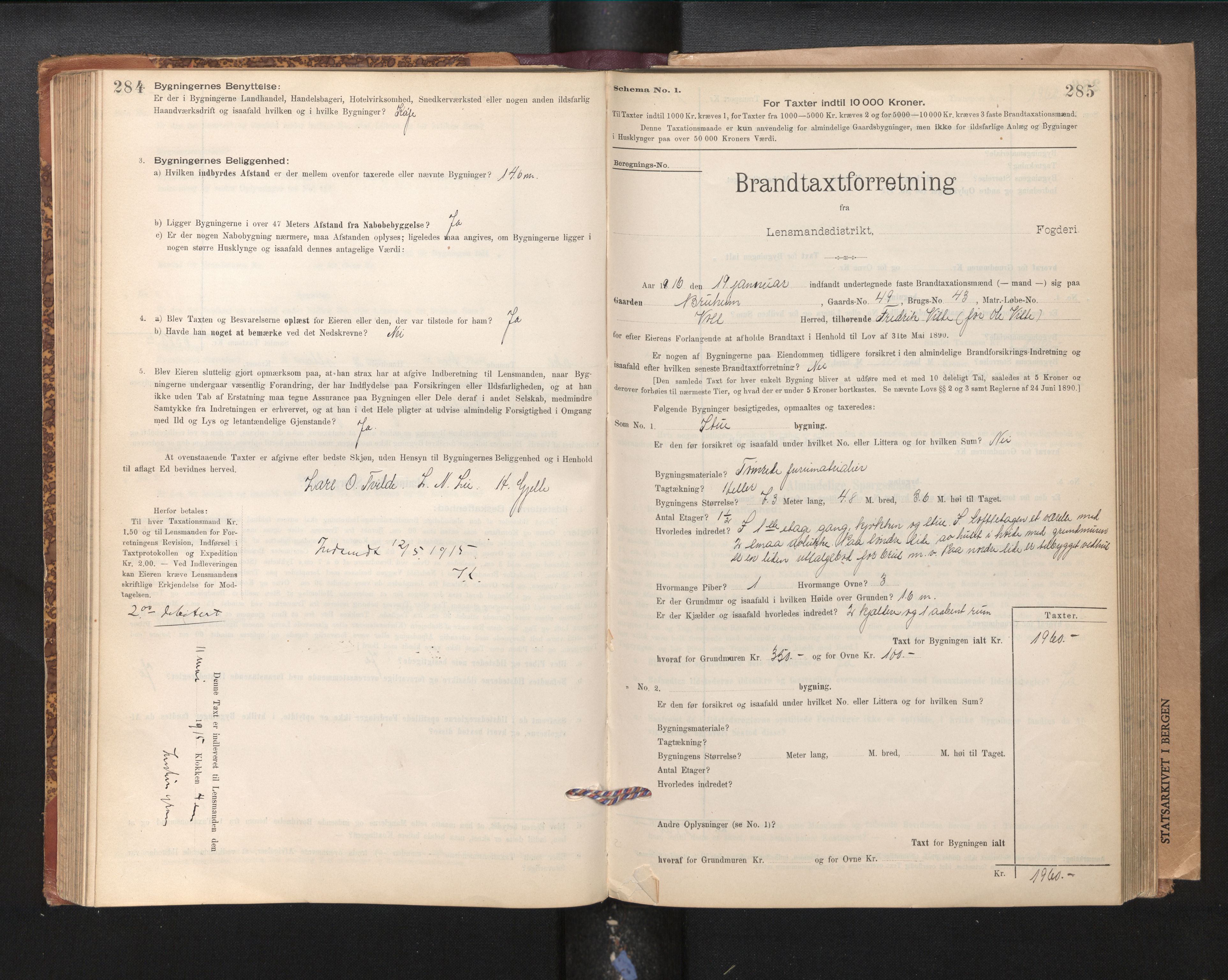Lensmannen i Voss, SAB/A-35801/0012/L0008: Branntakstprotokoll, skjematakst, 1895-1945, p. 284-285