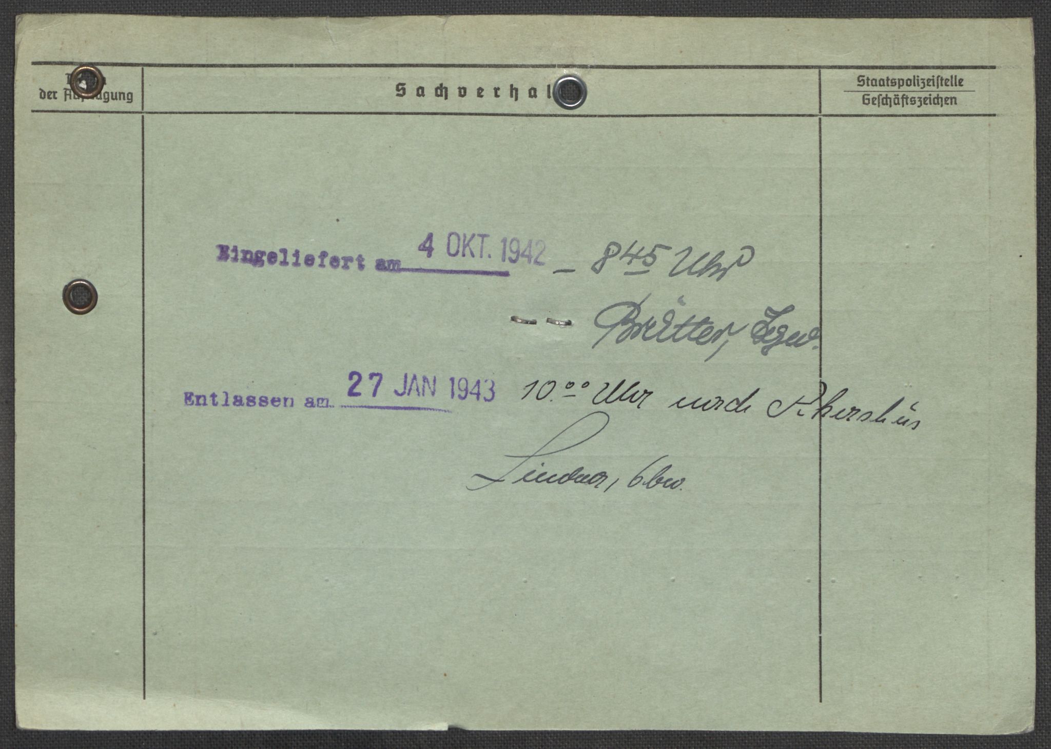 Befehlshaber der Sicherheitspolizei und des SD, AV/RA-RAFA-5969/E/Ea/Eaa/L0010: Register over norske fanger i Møllergata 19: Sø-Å, 1940-1945, p. 819