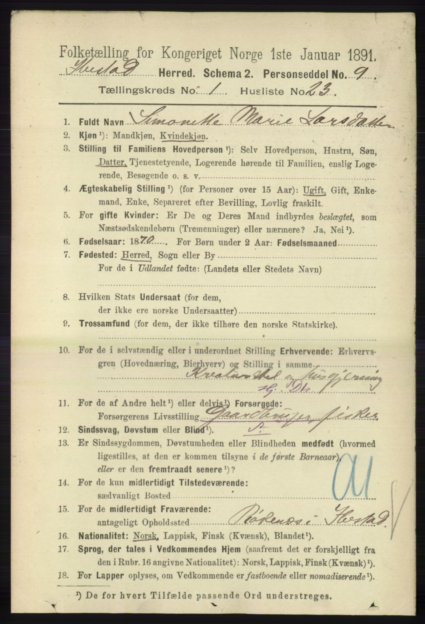 RA, 1891 census for 1917 Ibestad, 1891, p. 290