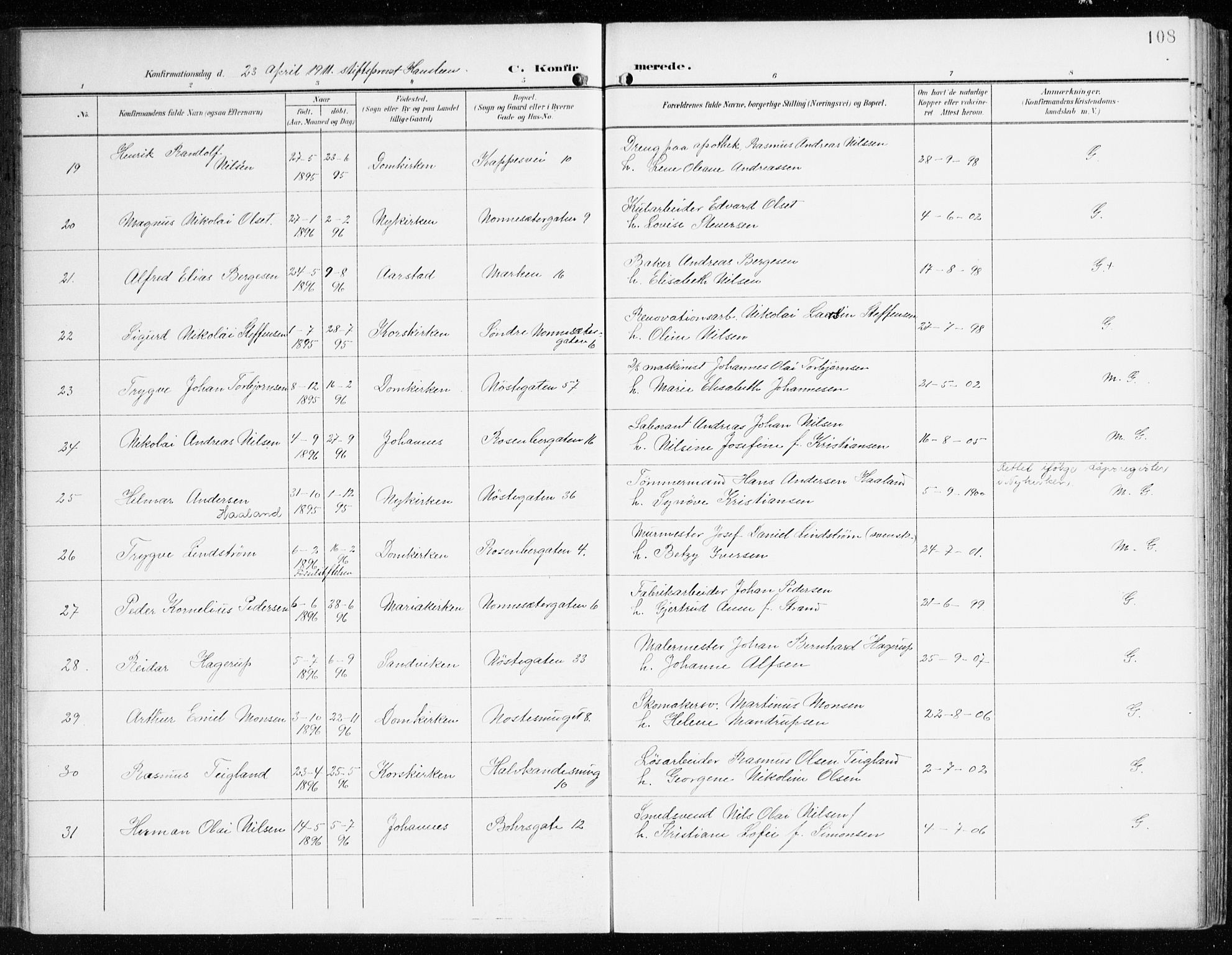 Domkirken sokneprestembete, AV/SAB-A-74801/H/Haa/L0031: Parish register (official) no. C 6, 1898-1915, p. 108