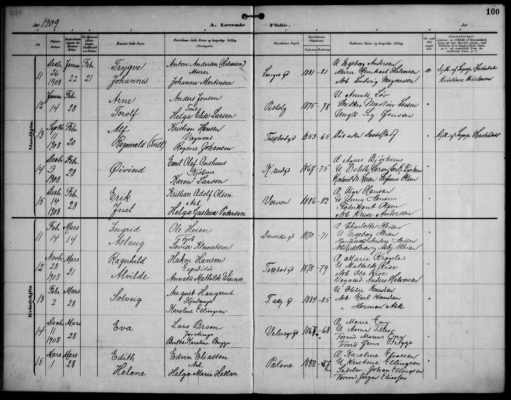 Strømsø kirkebøker, AV/SAKO-A-246/F/Fa/L0026: Parish register (official) no. I 26, 1905-1914, p. 100