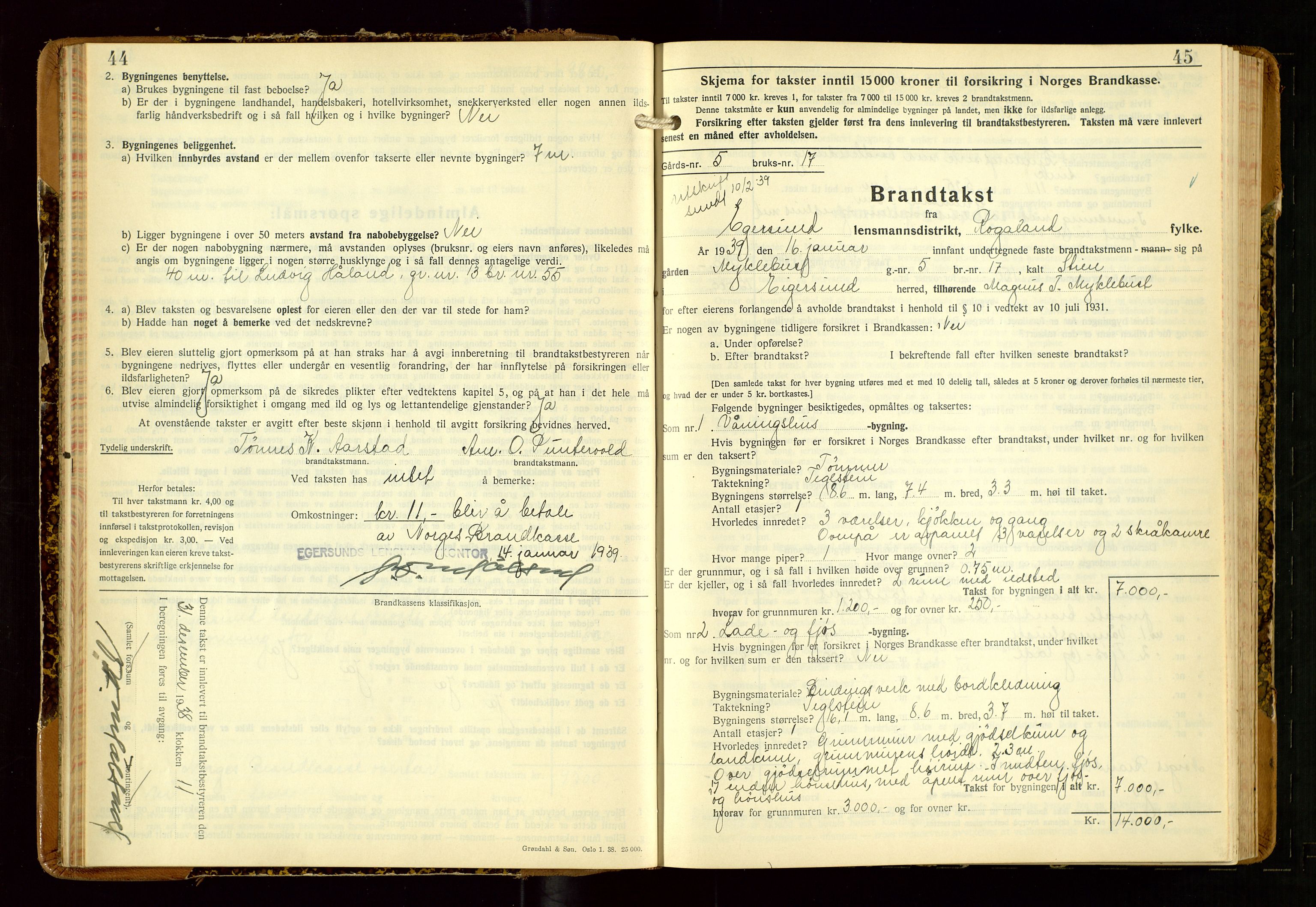 Eigersund lensmannskontor, SAST/A-100171/Gob/L0007: "Brandtakstprotokoll", 1938-1955, p. 44-45