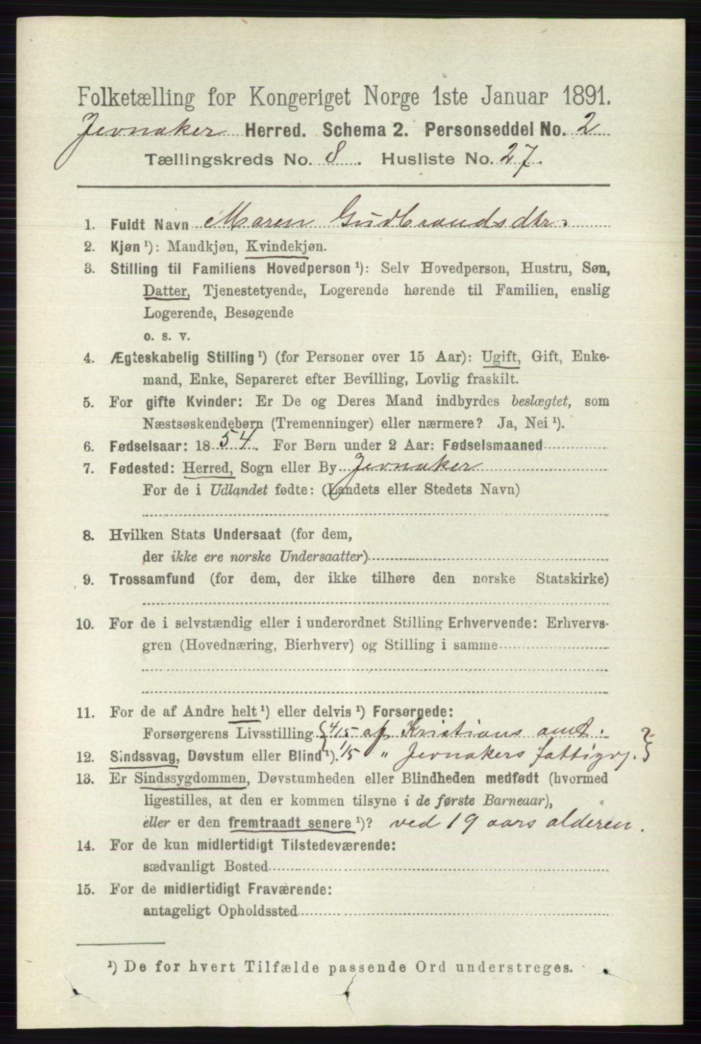 RA, 1891 census for 0532 Jevnaker, 1891, p. 4497