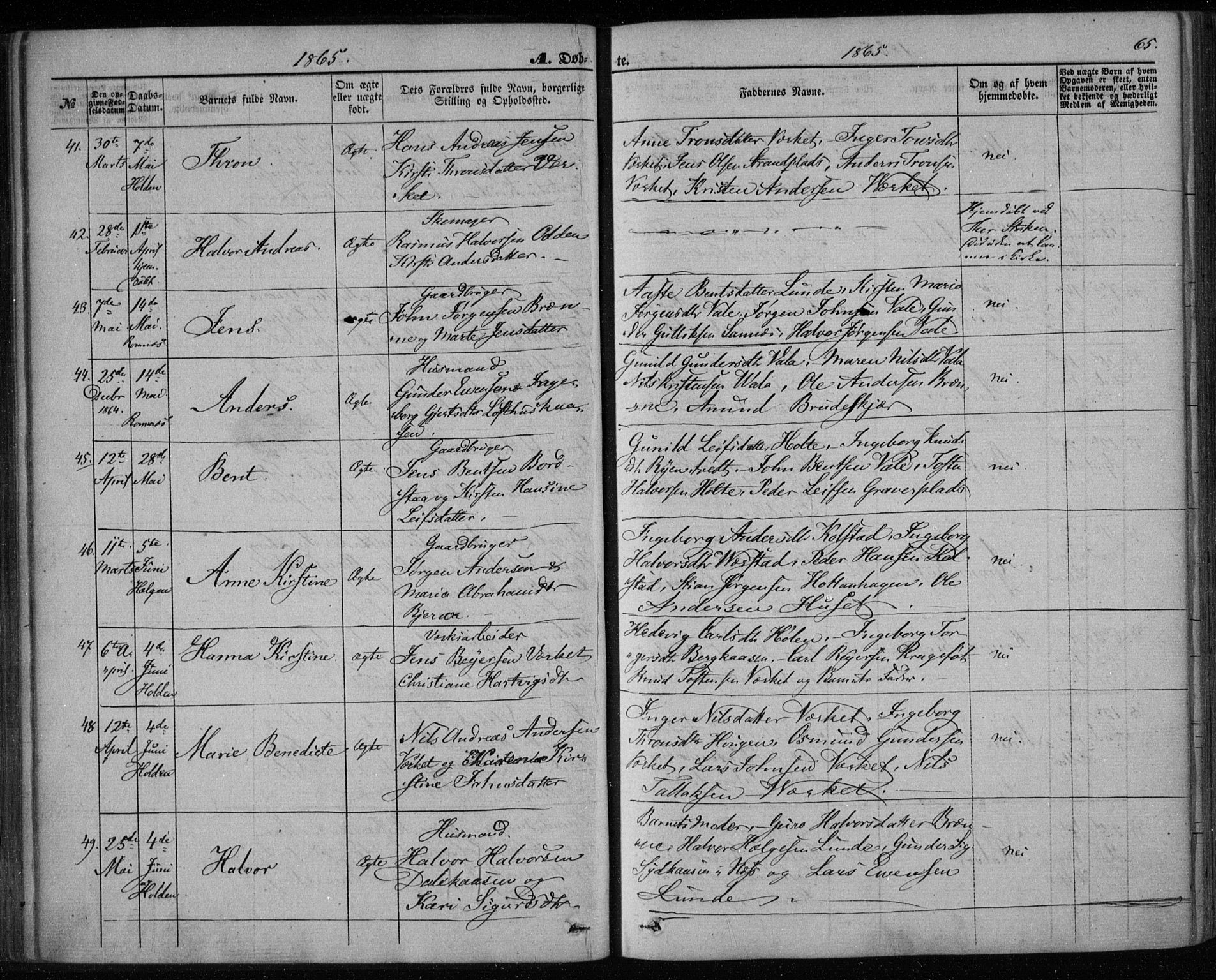 Holla kirkebøker, SAKO/A-272/F/Fa/L0006: Parish register (official) no. 6, 1861-1869, p. 65