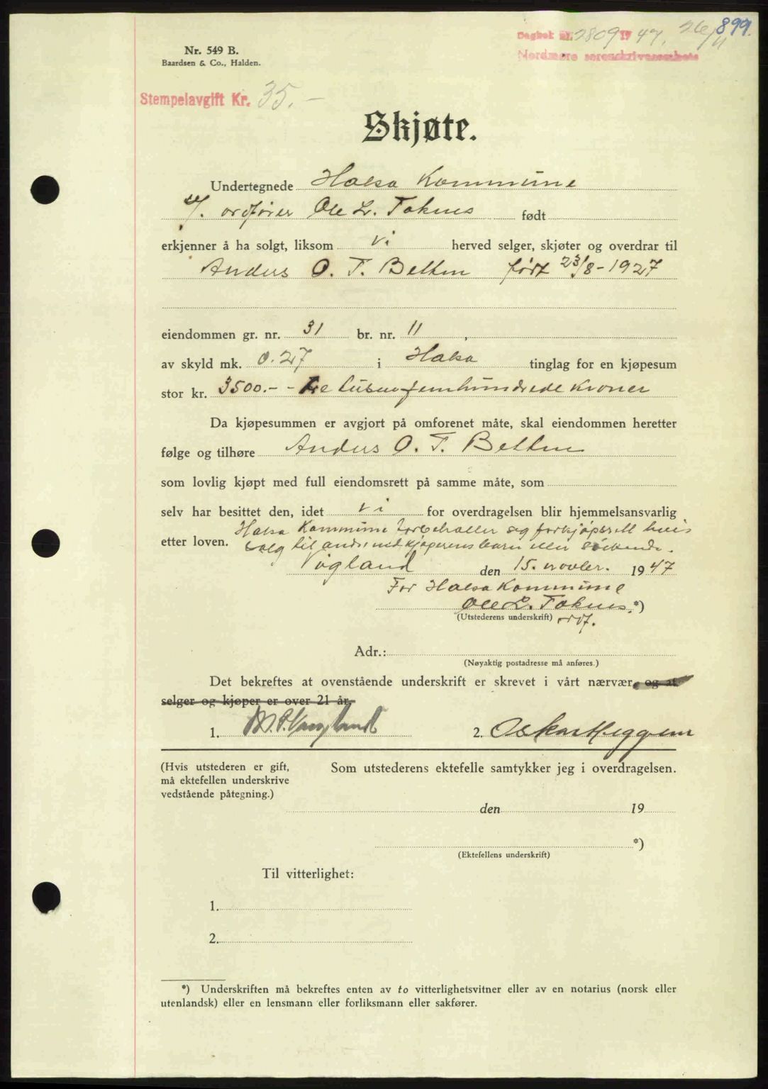 Nordmøre sorenskriveri, AV/SAT-A-4132/1/2/2Ca: Mortgage book no. A106, 1947-1947, Diary no: : 2809/1947