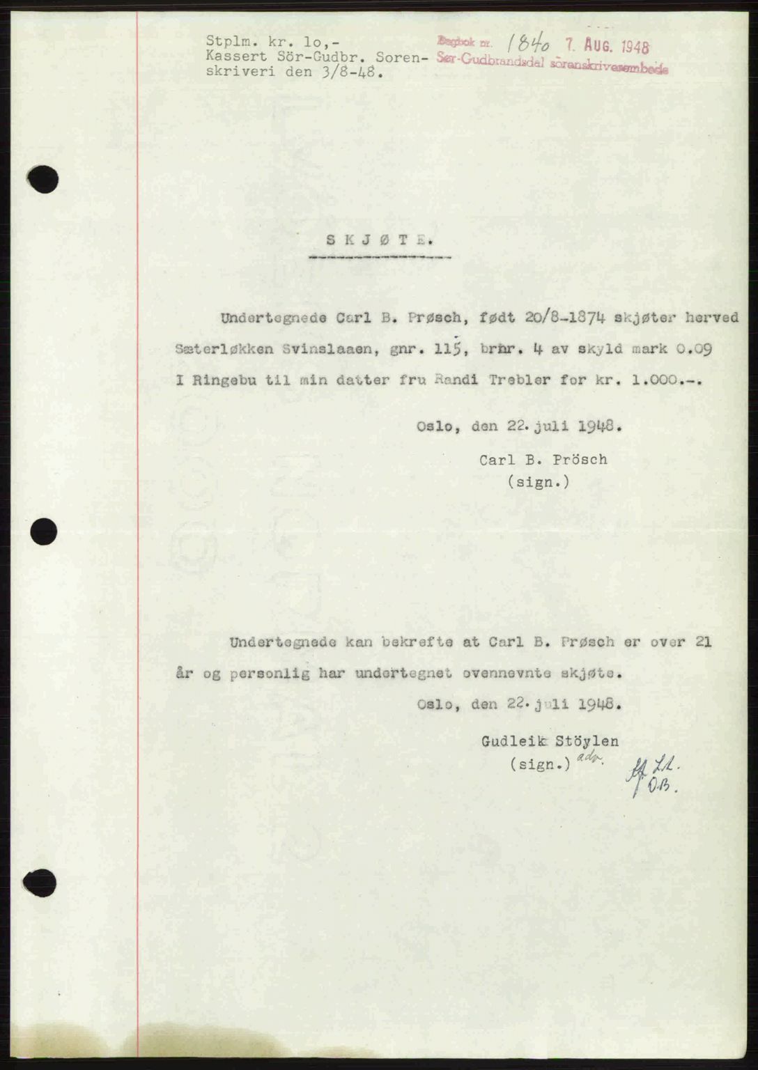 Sør-Gudbrandsdal tingrett, SAH/TING-004/H/Hb/Hbd/L0022: Mortgage book no. A22, 1948-1948, Diary no: : 1840/1948