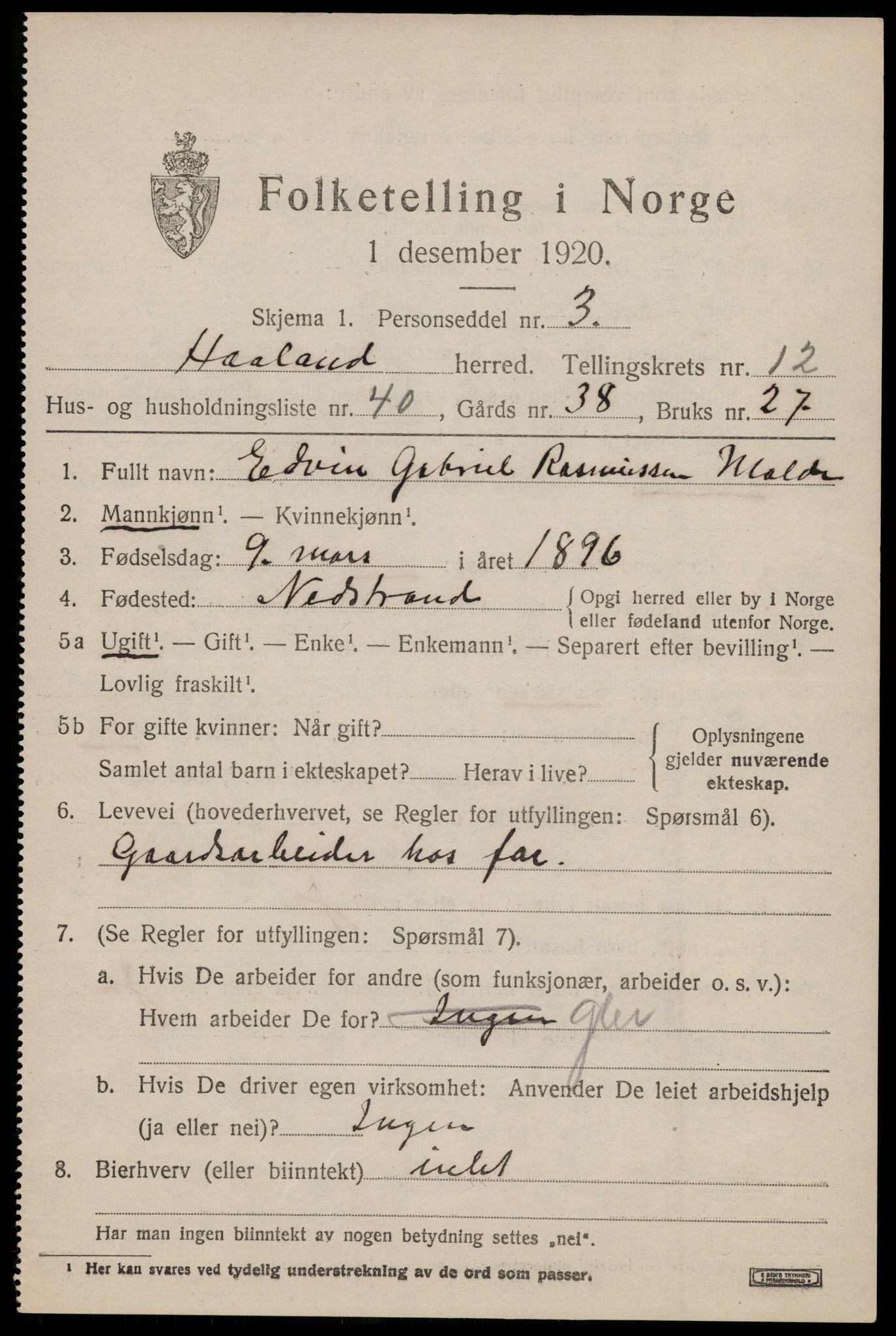 SAST, 1920 census for Håland, 1920, p. 9231