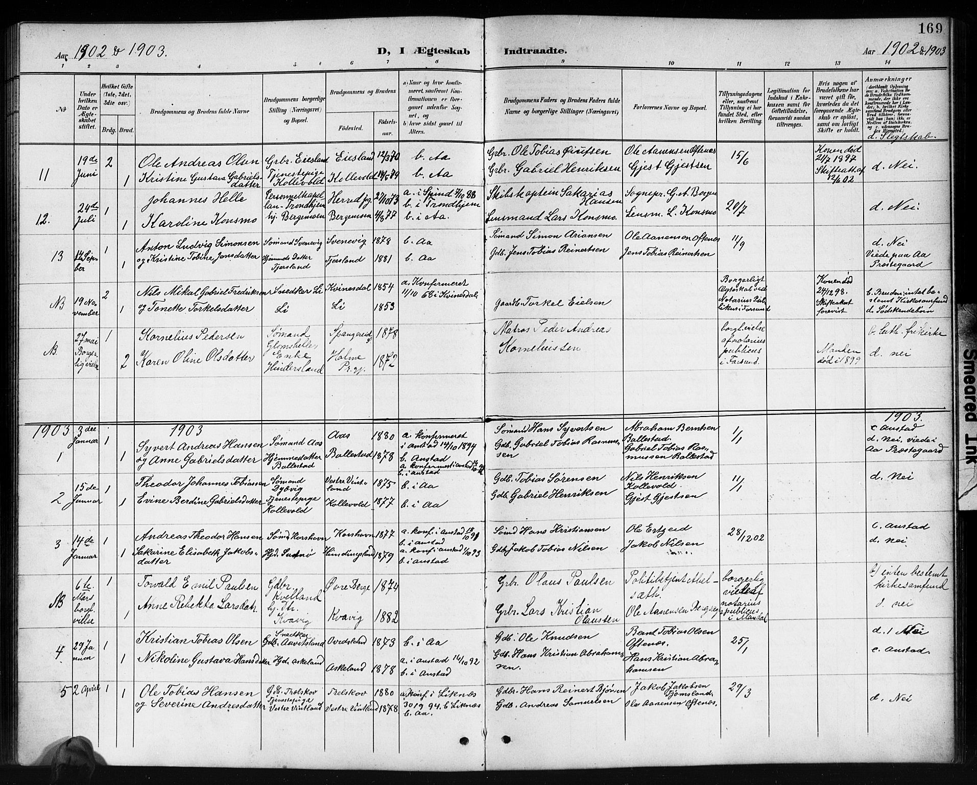 Lyngdal sokneprestkontor, AV/SAK-1111-0029/F/Fb/Fbc/L0005: Parish register (copy) no. B 5, 1897-1913, p. 169